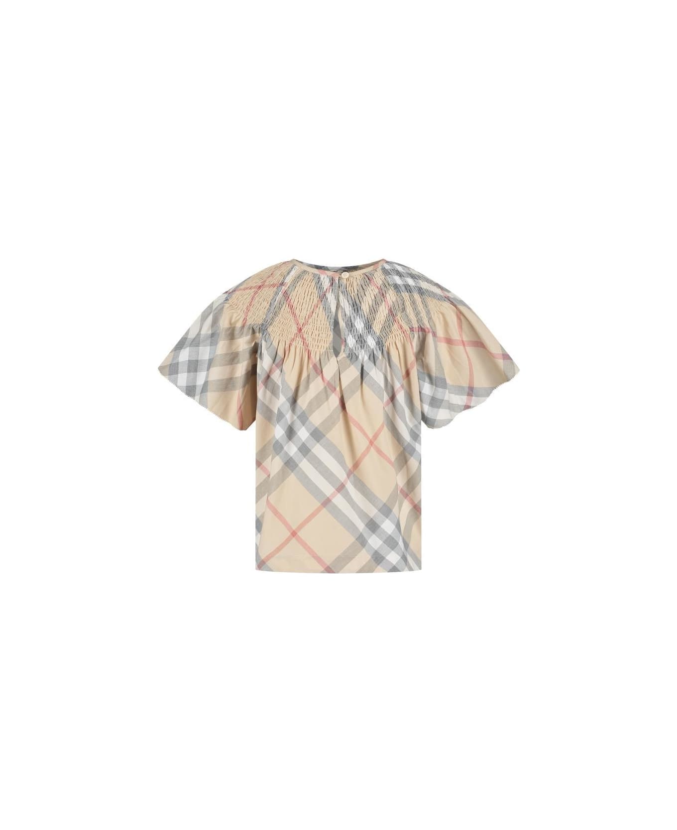 Burberry Checked Smocked Panel Top - NEUTRALS/GREY