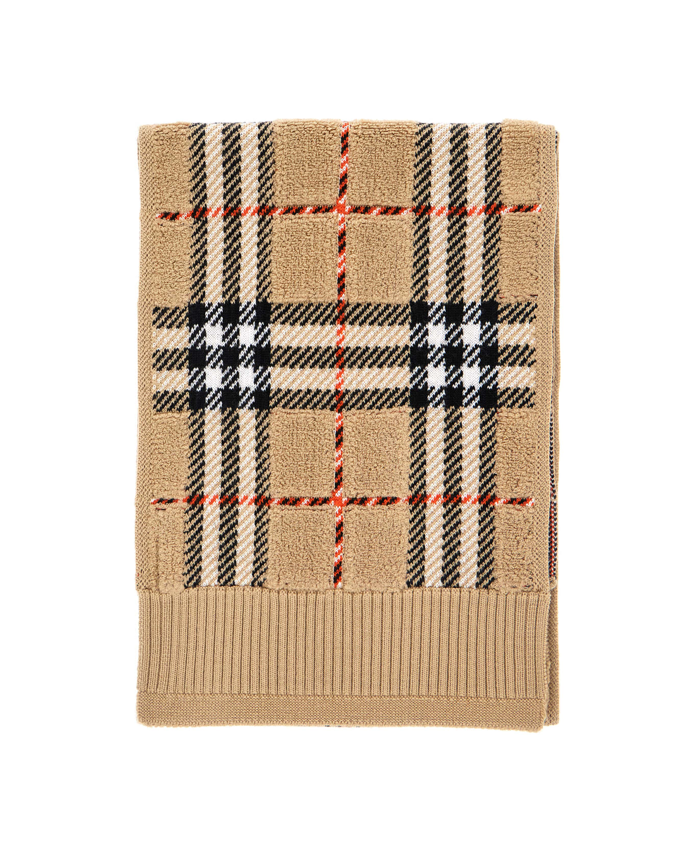 Burberry Beige Scarf With All-over Check Motif And Ribbed Trims In Wool Boy - Beige