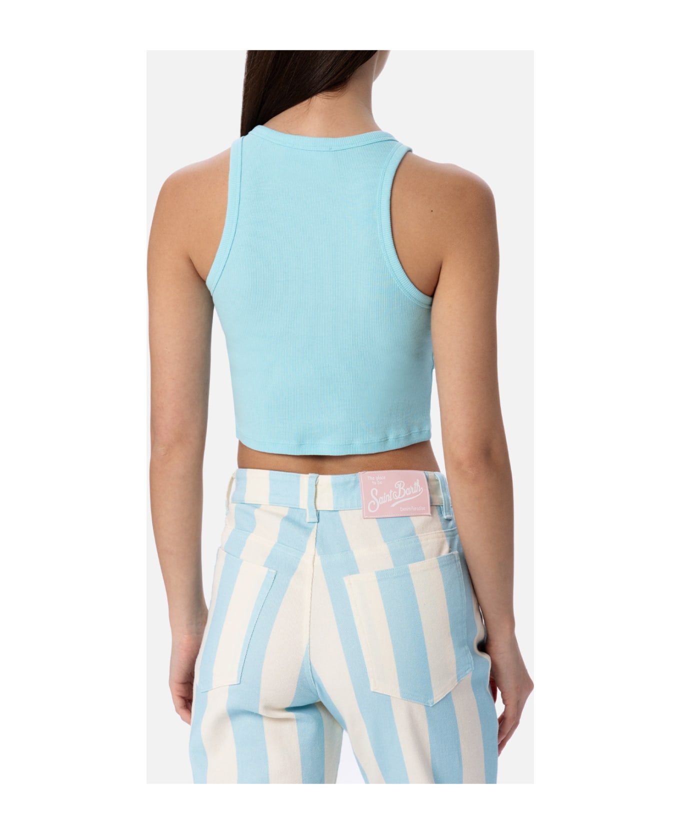 MC2 Saint Barth Woman Rib-knit Cotton Crop Tank With Saint Barth Beach Club Embroidery - GREEN