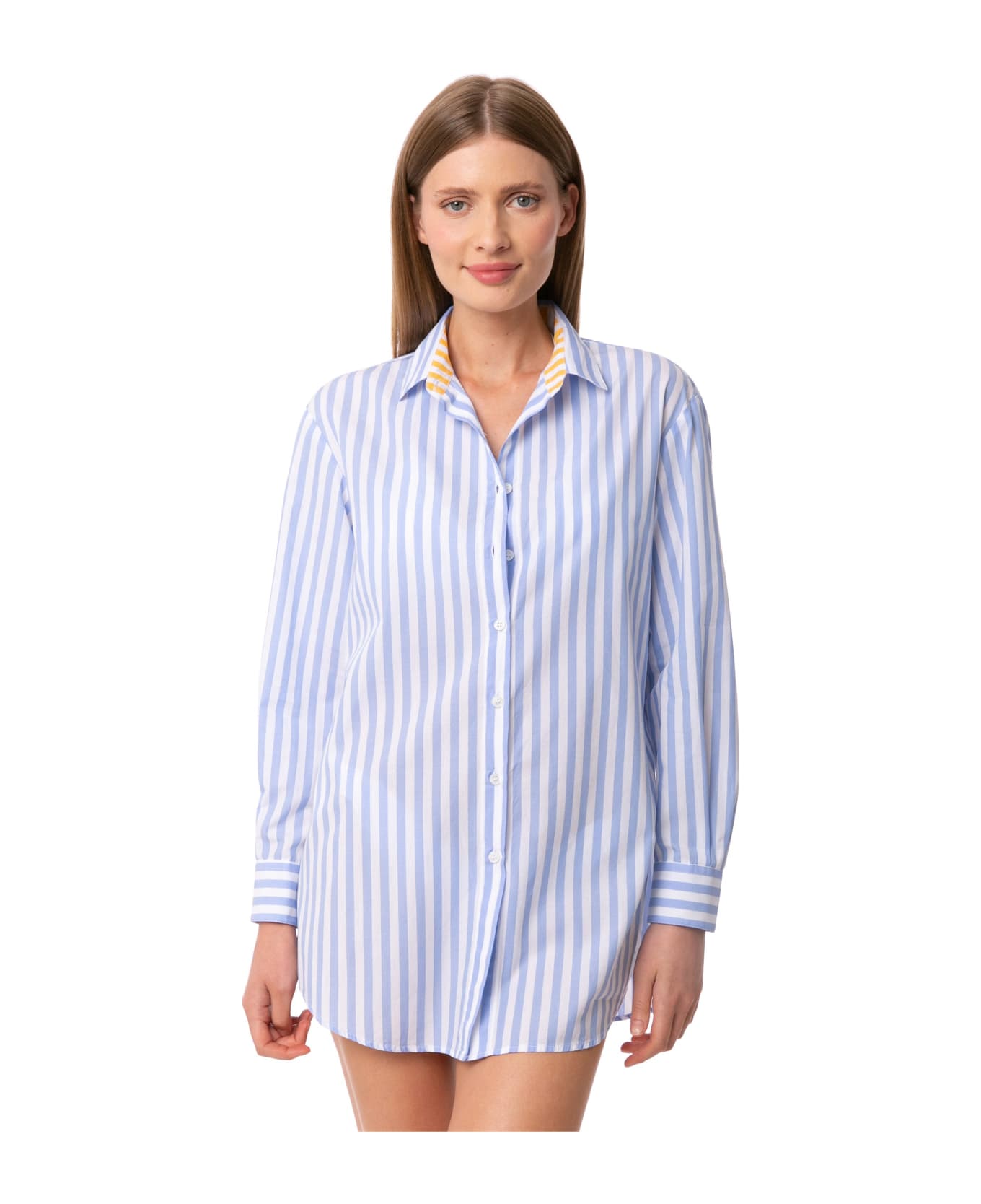 MC2 Saint Barth Light Blue Striped Cotton Shirt With Embroidery - BLUE