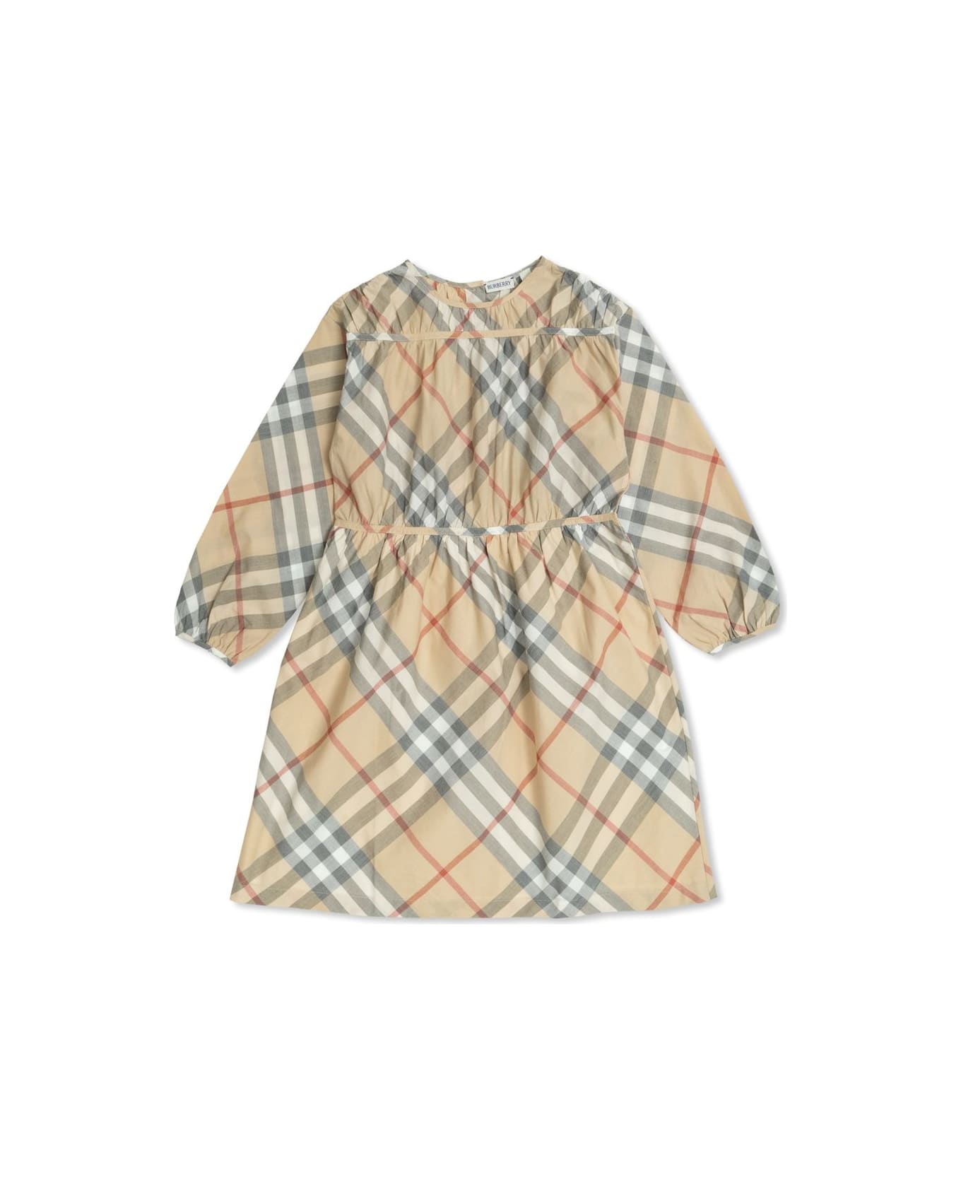 Burberry Checked Crewneck Dress - BROWN/RED