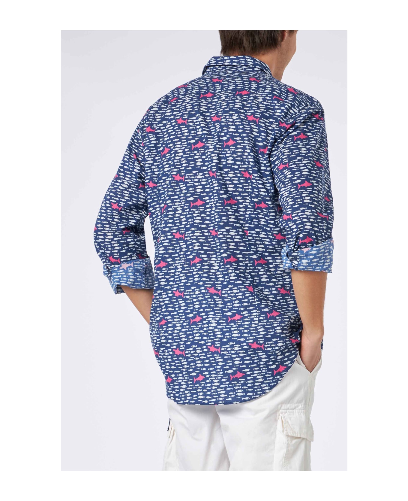 MC2 Saint Barth Man Muslin Cotton Sikelia Shirt With Fish And Shark Print - BLUE