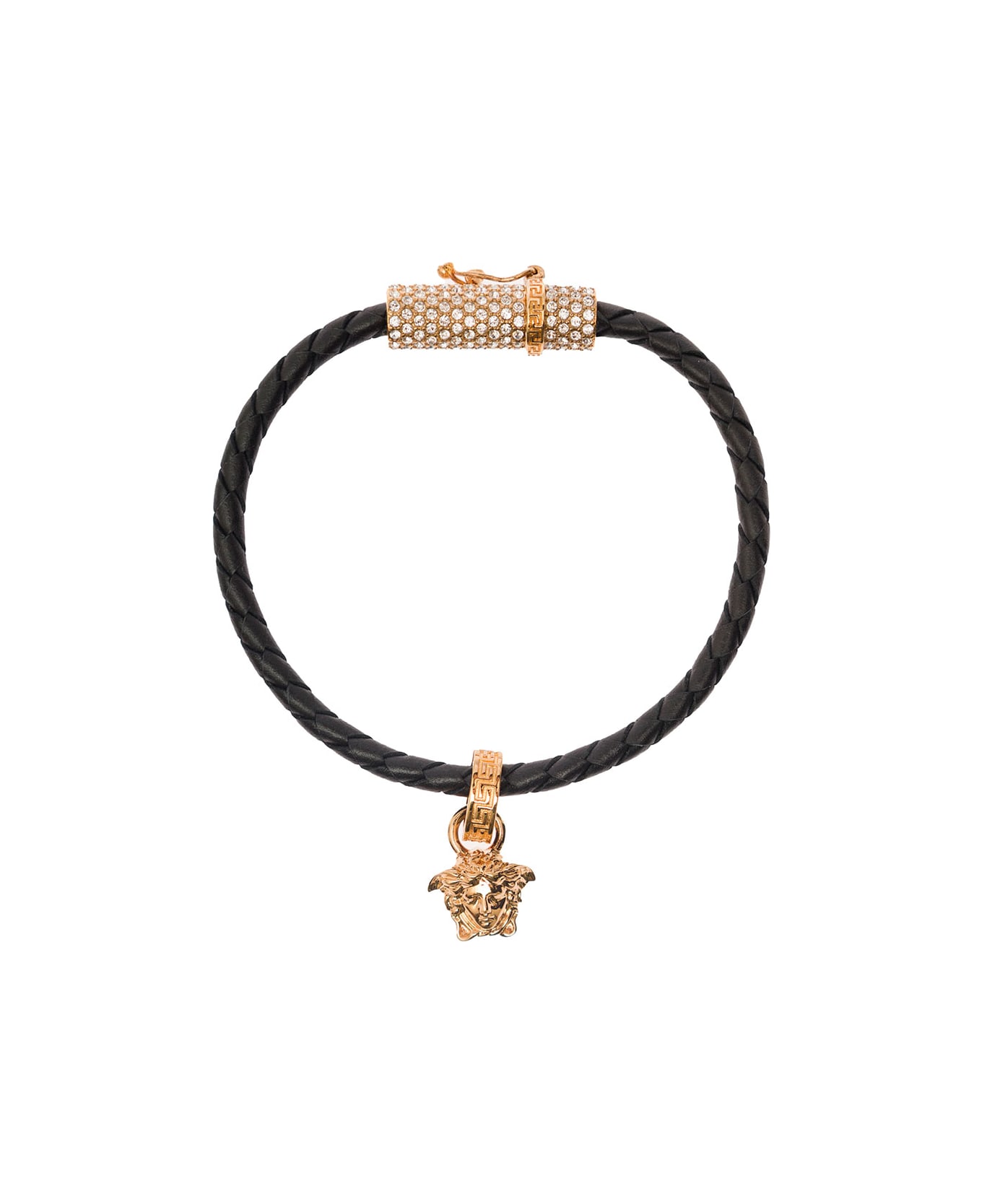 Versace Gold-tone Medusa Pendant Bracelet In Black Leather Woman - Black