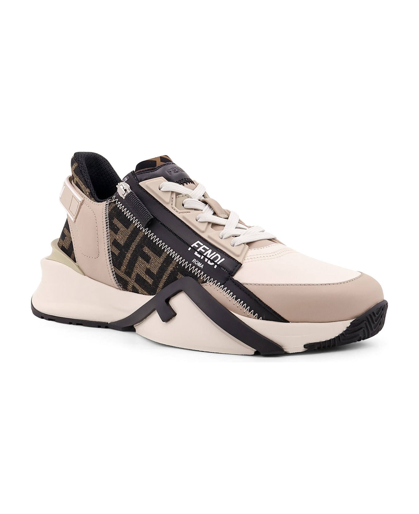 Fendi Flow Leather Sneakers With Ff Motif - BIANCOICENEBEIGE