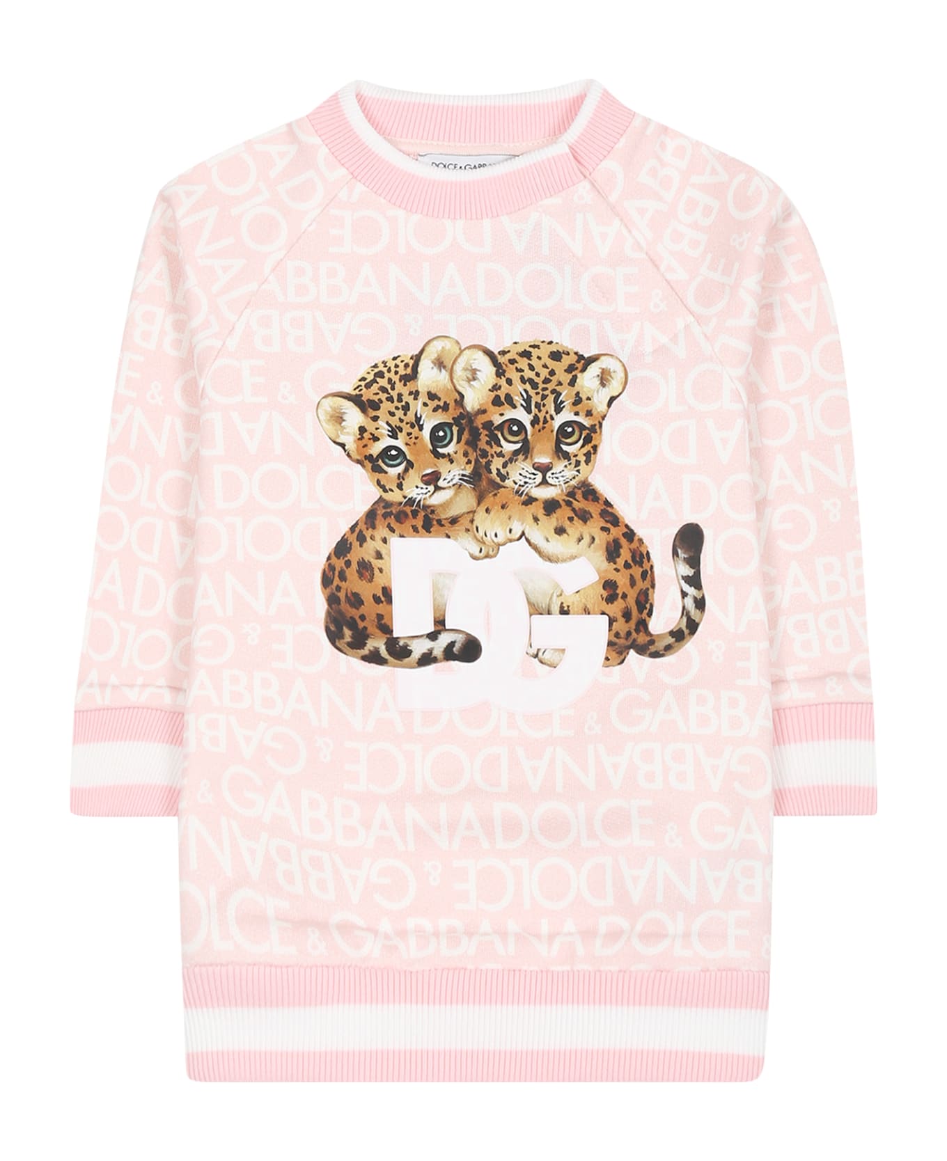 Dolce & Gabbana Pink Sweatshirt For Baby Girl With Leopard Print And Logo - Pink ニットウェア＆スウェットシャツ