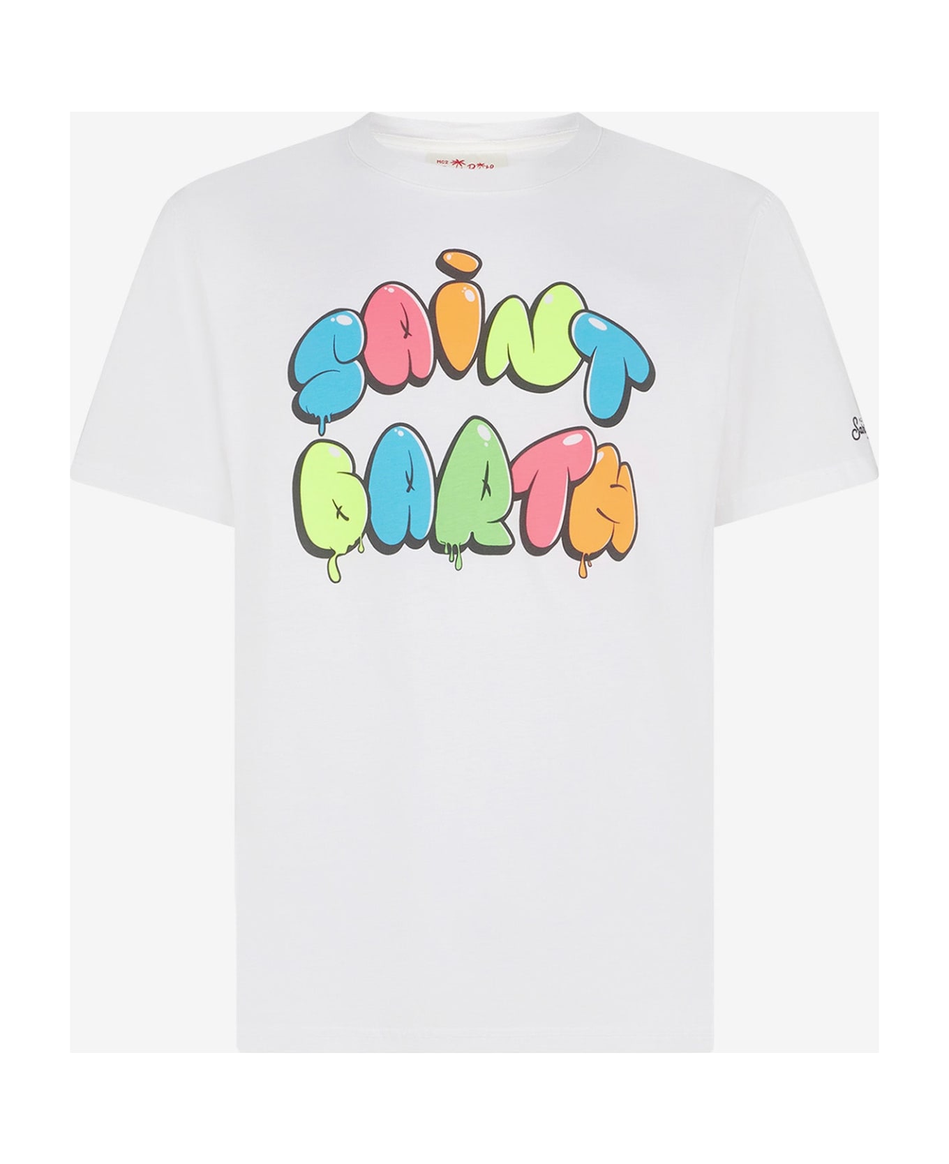 MC2 Saint Barth Man Cotton T-shirt With Multicolor Saint Barth Print - WHITE
