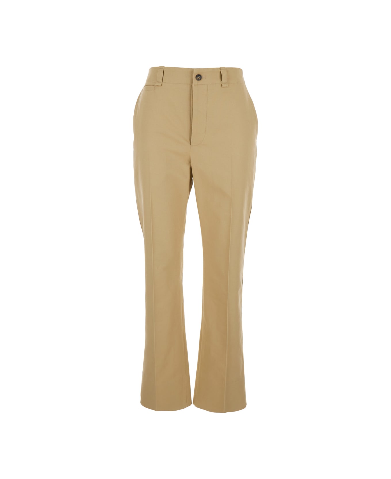 Saint Laurent Beige Straight Pants With A Button In Cotton Woman - Beige