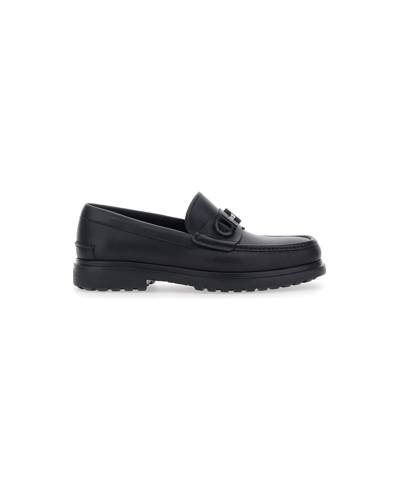 Ferragamo 'tobia' Black Loafers With Metal Gancini Detail On The Front And Raised Sole In Leather Man - Black