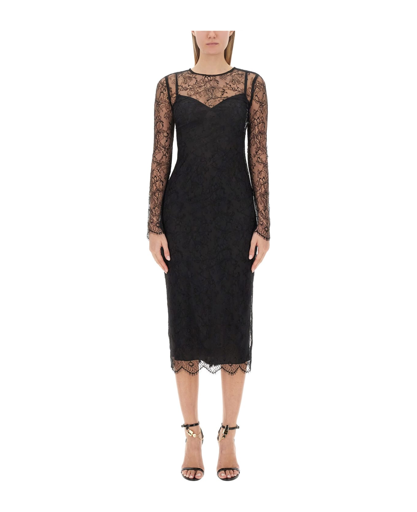 Dolce & Gabbana Chantilly Laces Fil Coupe' Longuette Dress - Black