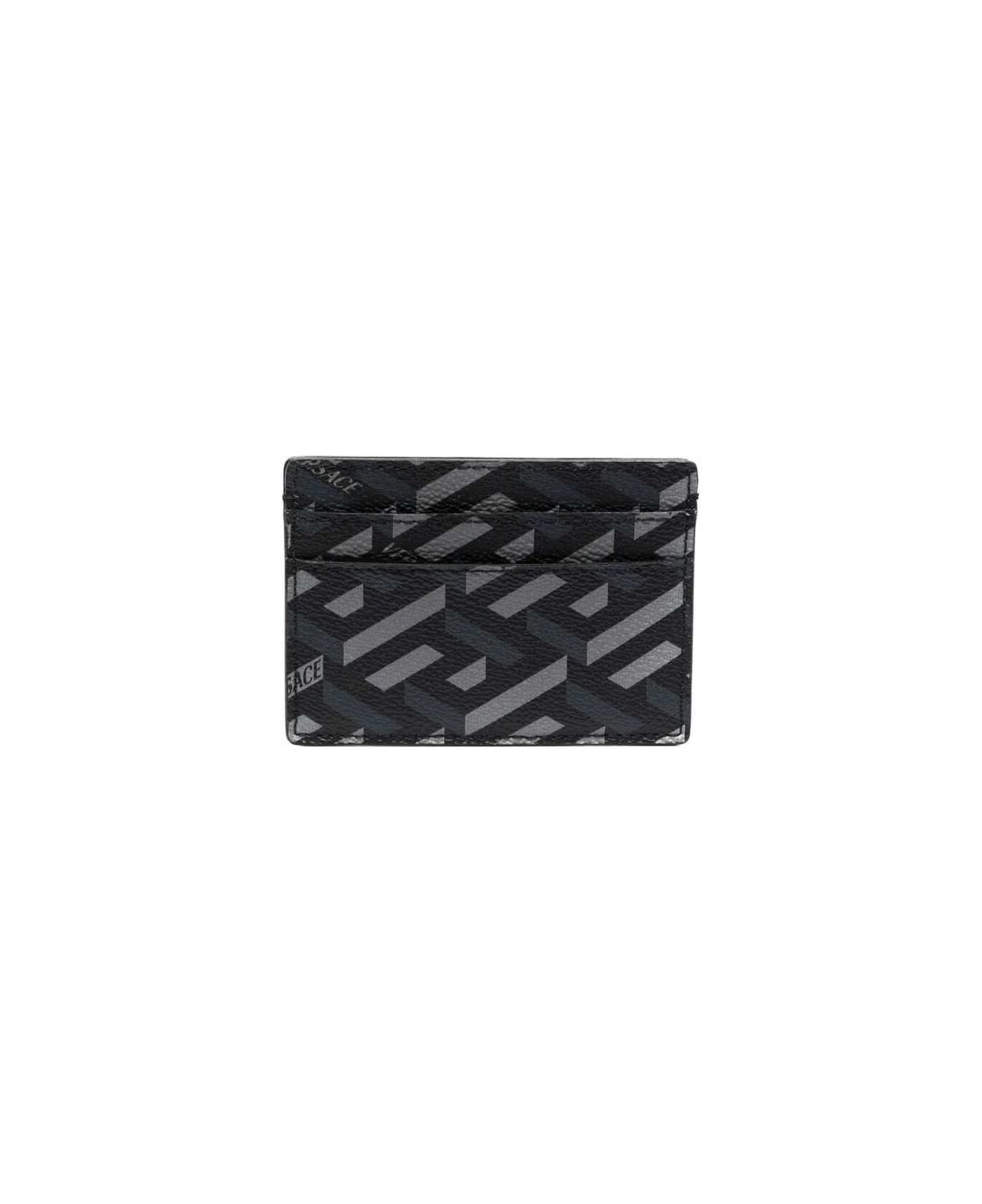 Versace Gray And Black Cardholder In Leather With  Allover Greek Signatur Pattern Print Versace Man - Grey