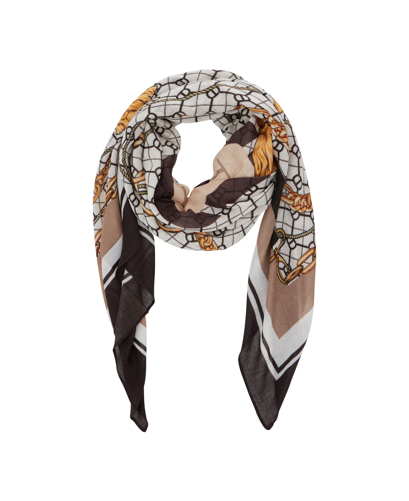 TwinSet Brown Scarf With Geometric Chain Motif In Viscose Woman - Brown