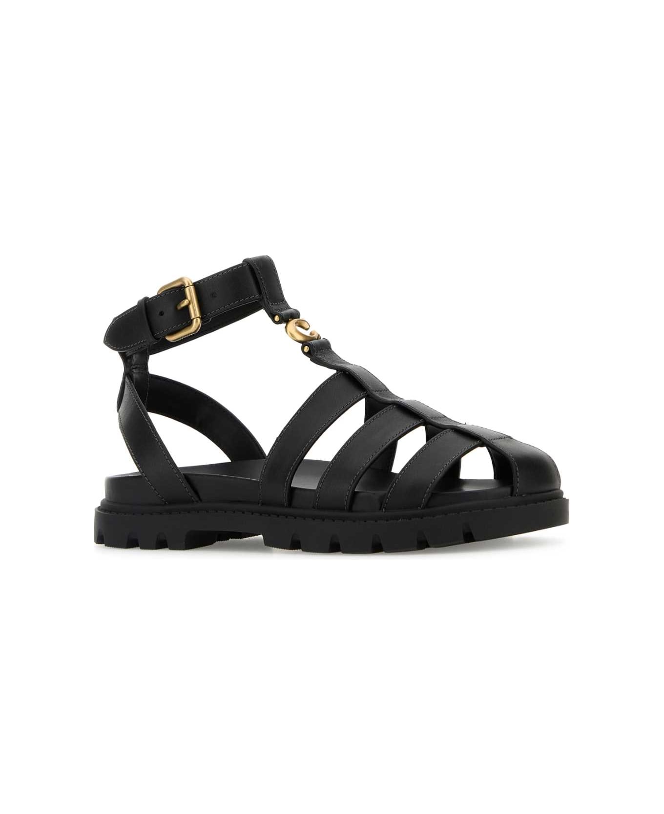 Coach Black Leather Fisherman Sandals - BLACK