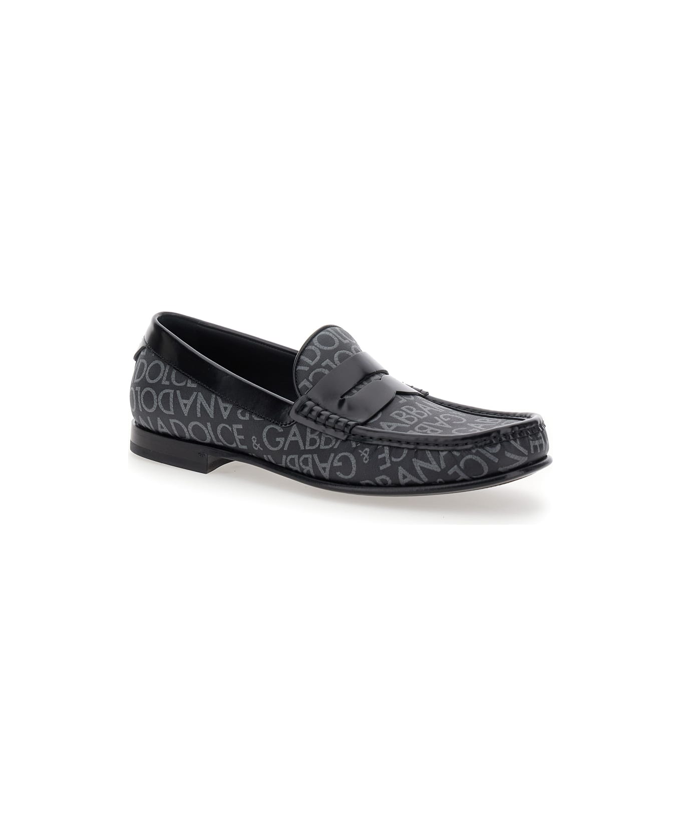 Dolce & Gabbana 'city' Black Loafers With All-over Logo In Cotton And Leather Man - Black