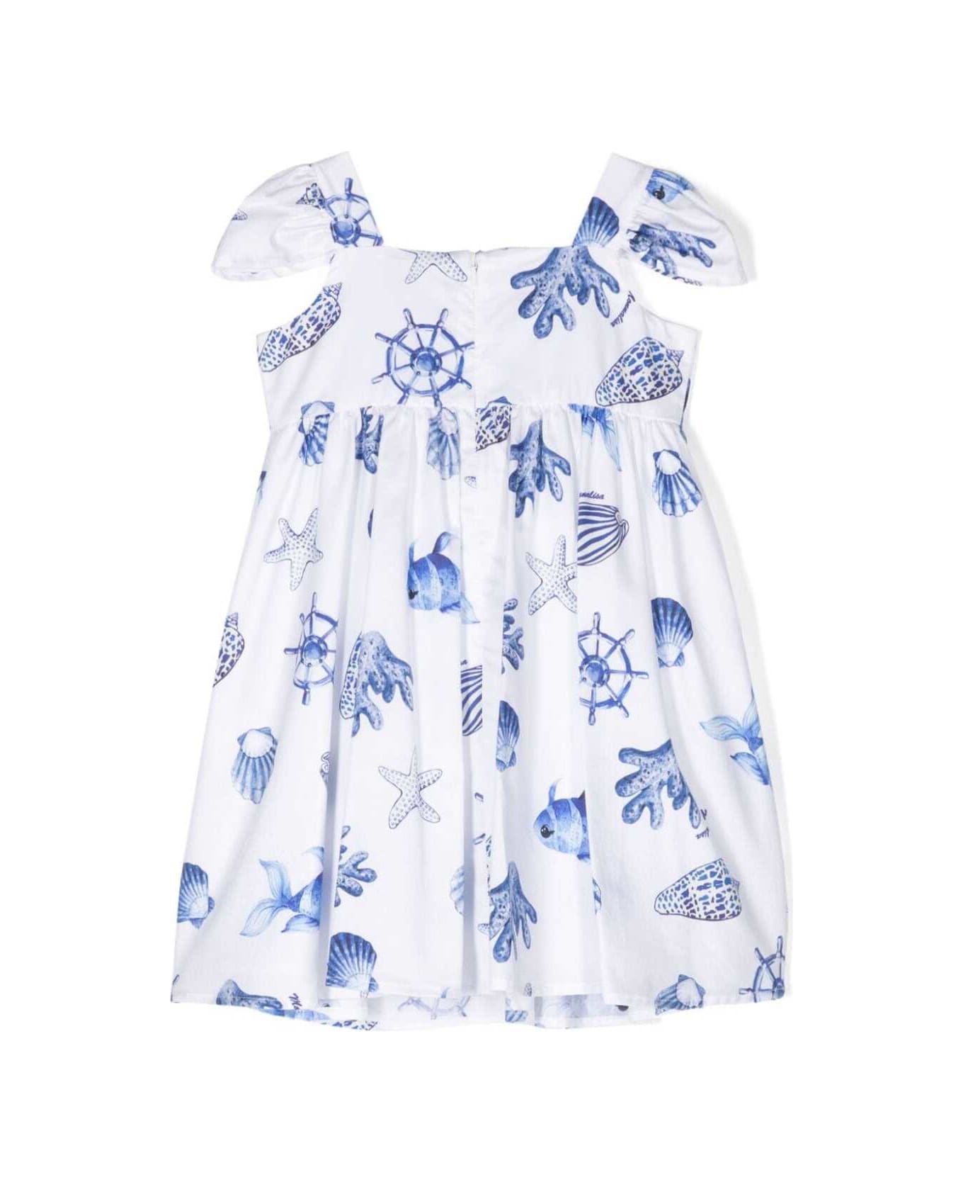 Monnalisa White And Blue Dress With Straps And Marine Print In Cotton Girl - Multicolor ワンピース＆ドレス