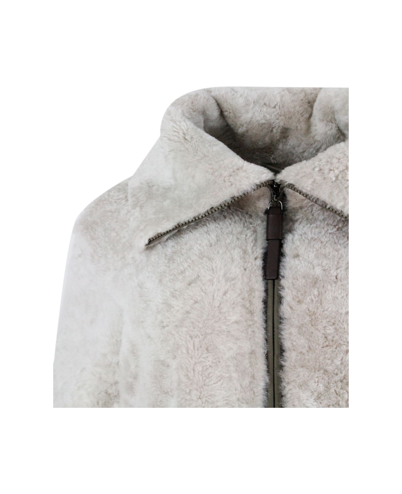 Brunello Cucinelli Long Coat In Precious And Refined Shearling Sheepskin With Zip Closure Embellished With Rows Of Brilliant Jewels And With Front Pockets - Beige コート