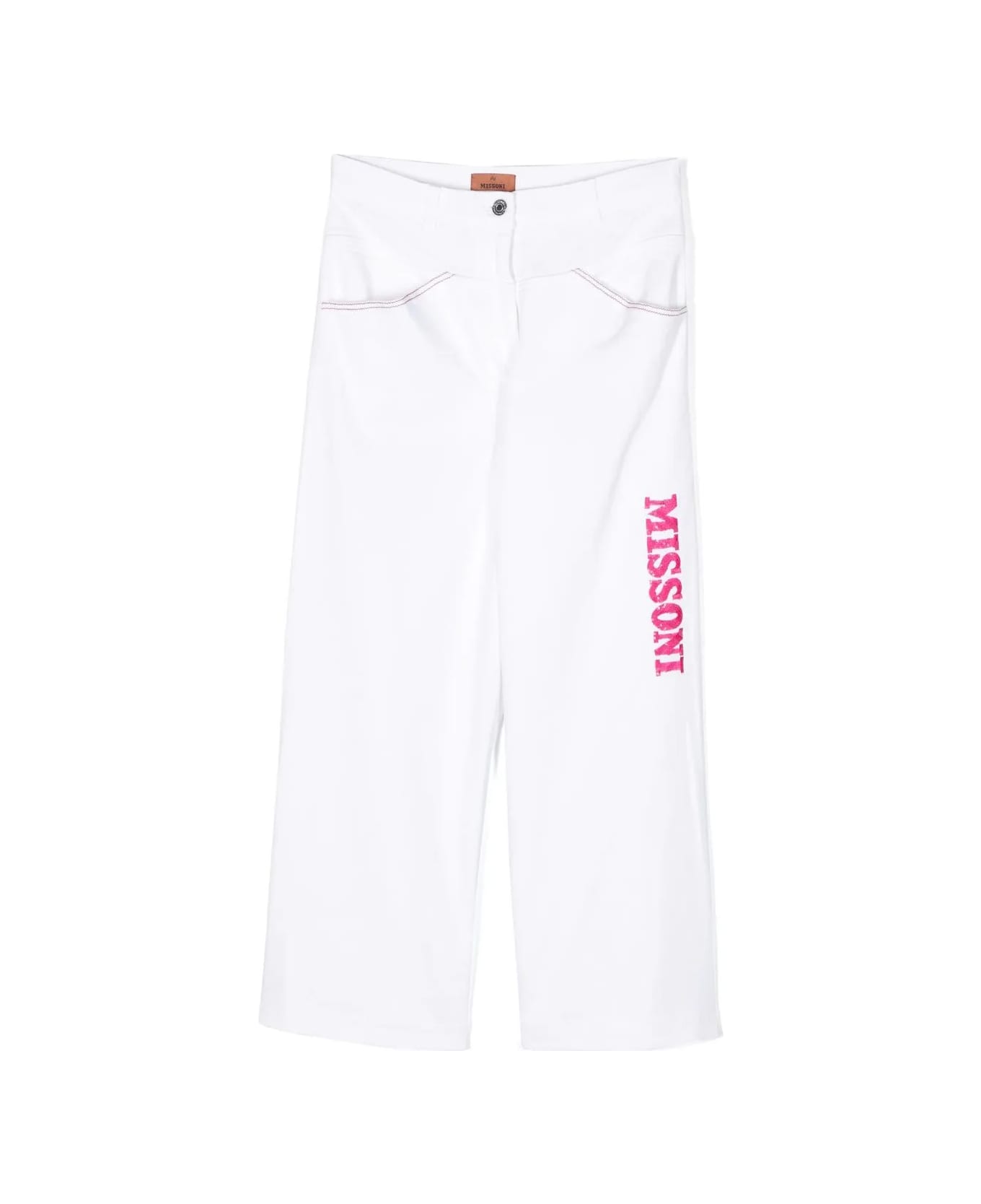 Missoni Kids White Pants With Fuchsia Sequins Logo - Fu