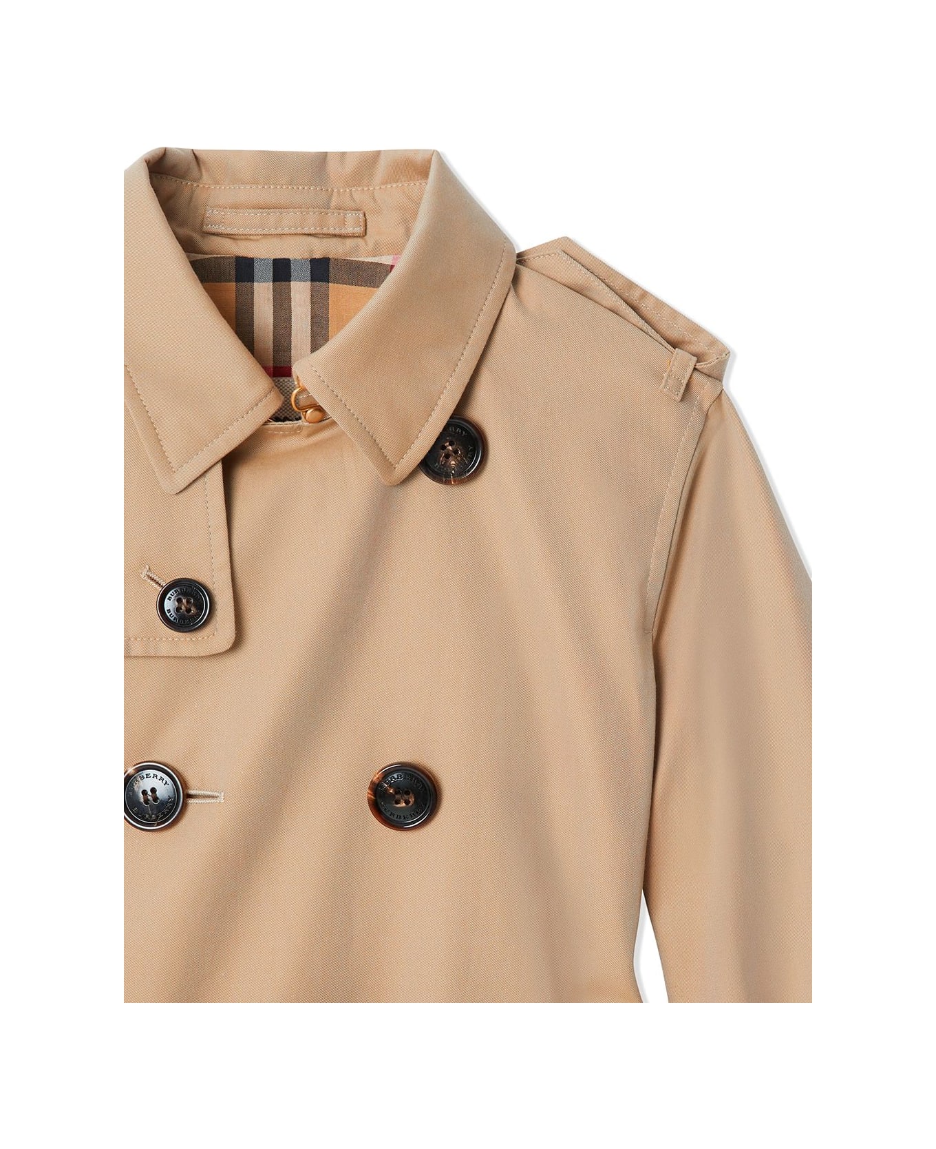 Burberry Kids Girl's Double-breasted Beige Cotton Trench Coat With Vintage Check Inserts - Beige