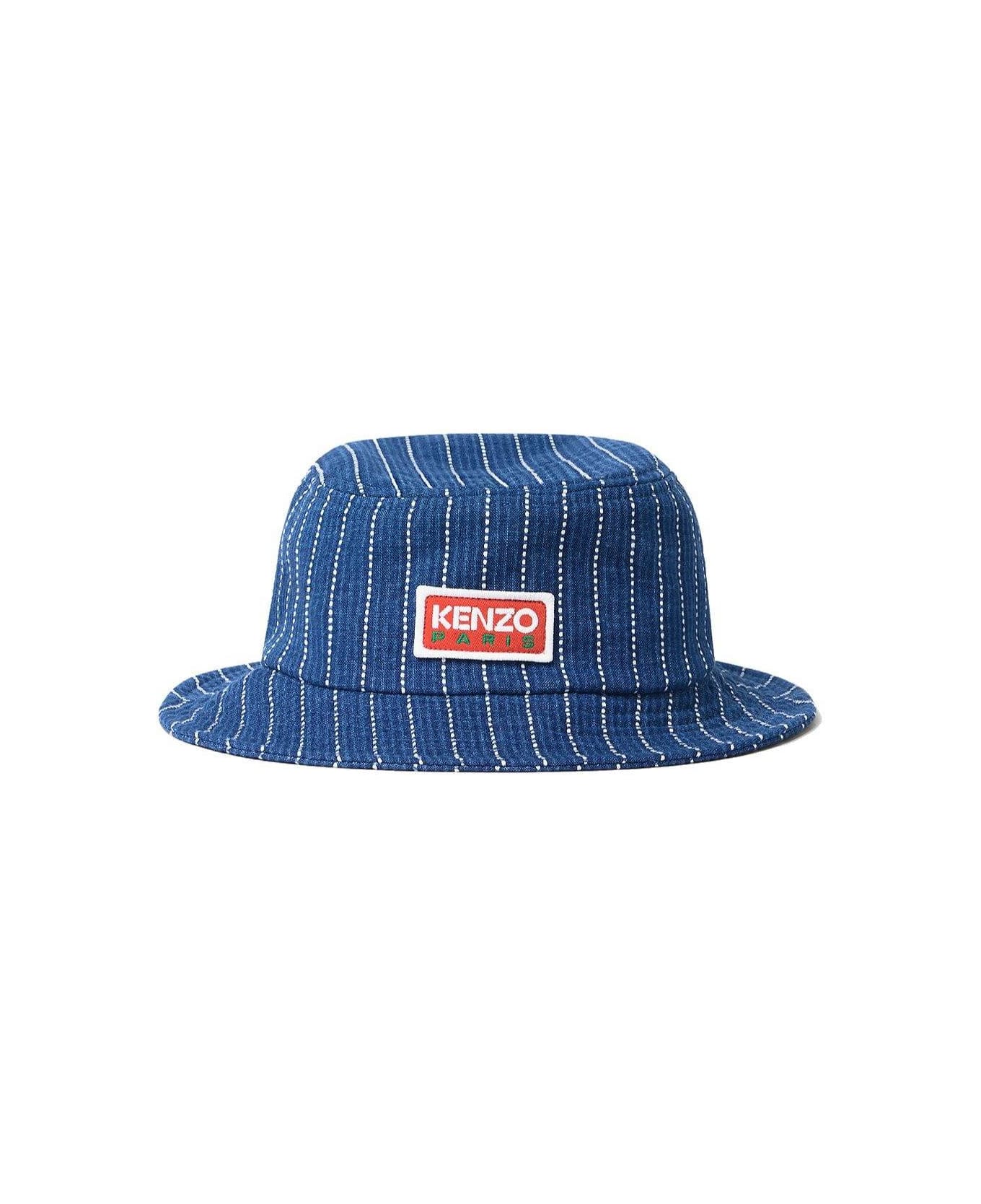 Kenzo Logo Patch Stripe Detailed Bucket Hat - Blue 帽子