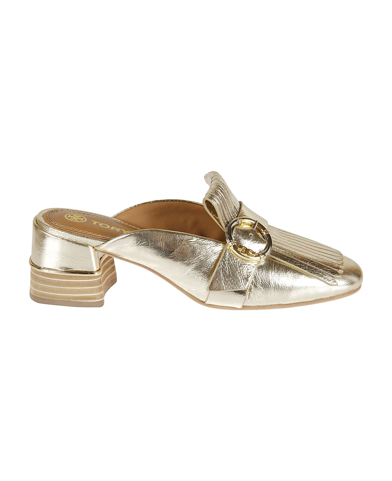 Tory Burch Multi Logo Kiltie Mules - Spark Gold/Spark