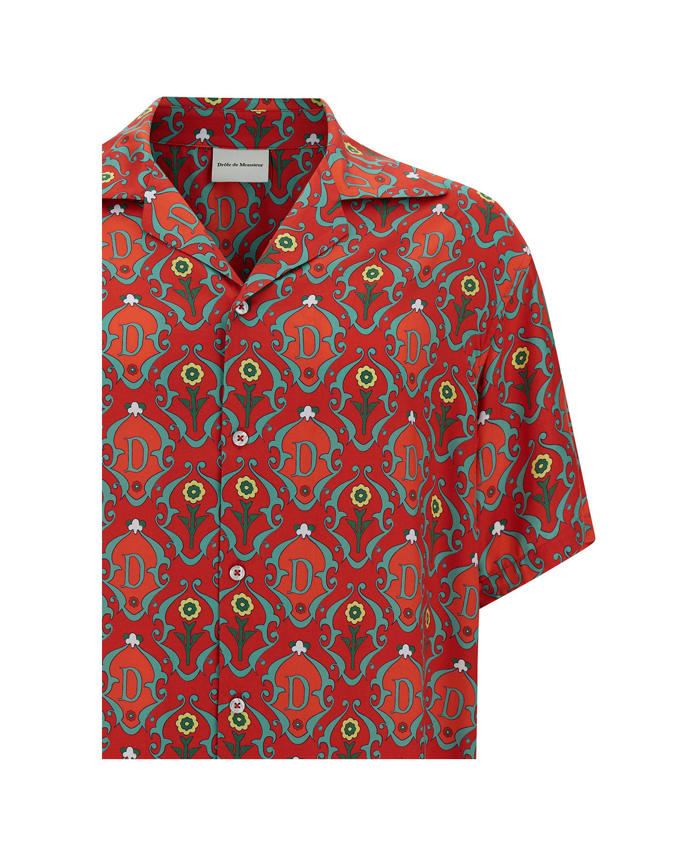 Drôle de Monsieur Red Bowling Shirt With Ornements Print In Satin Man - Red
