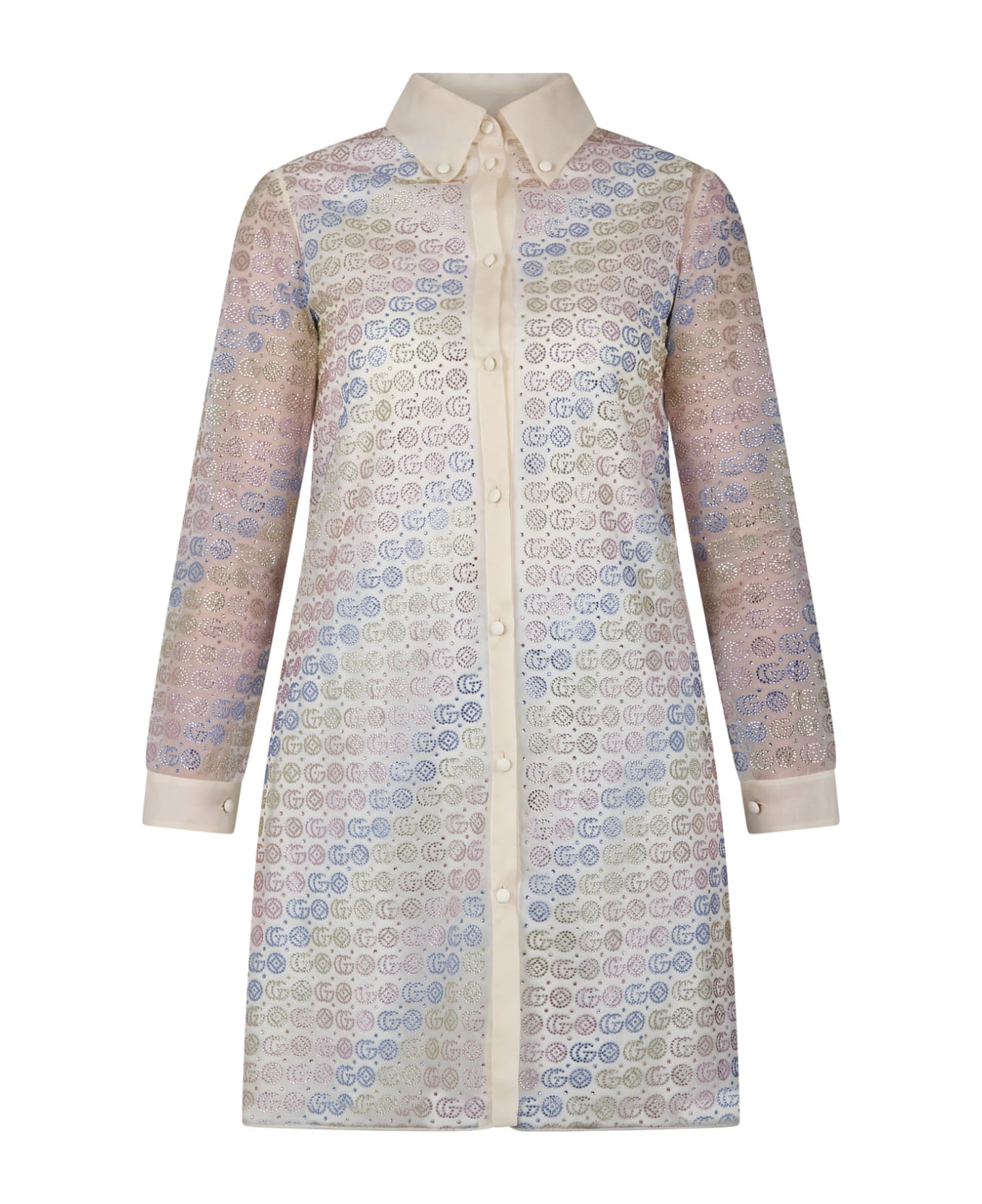Gucci Ivory Dress For Girl With Geometric Pattern And All-over Double G - Ivory ワンピース＆ドレス
