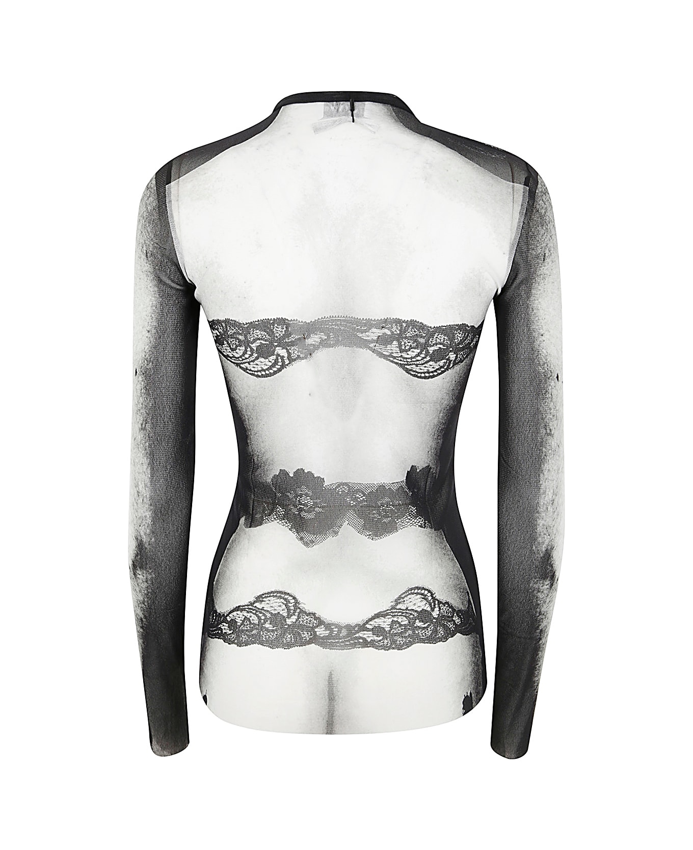 Jean Paul Gaultier Mesh Long Sleeve Top Printed "body Lace Mariniere" - Black Grey White