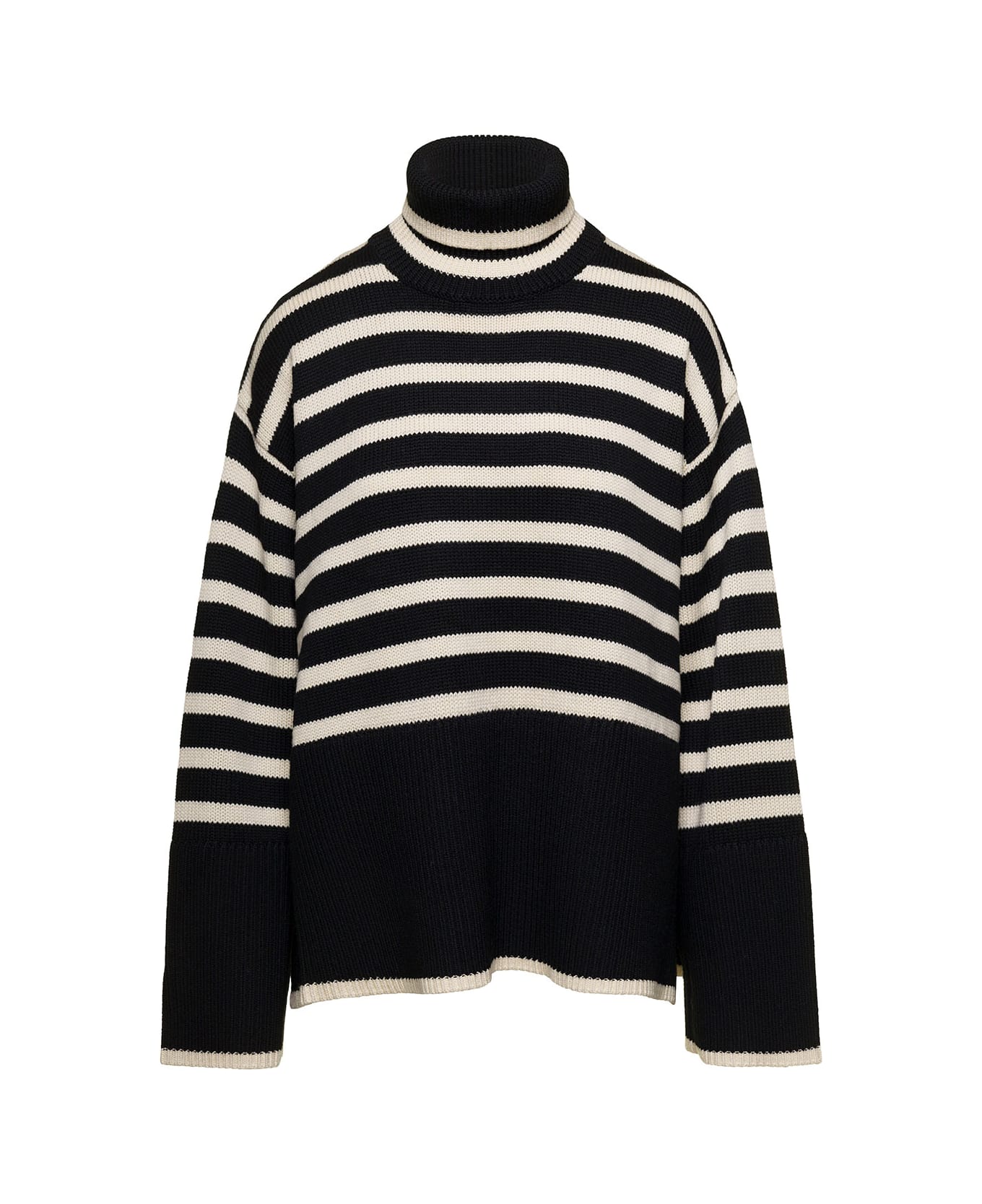 Totême Black And White Sweater With Striped Motif In Wool Woman - Black