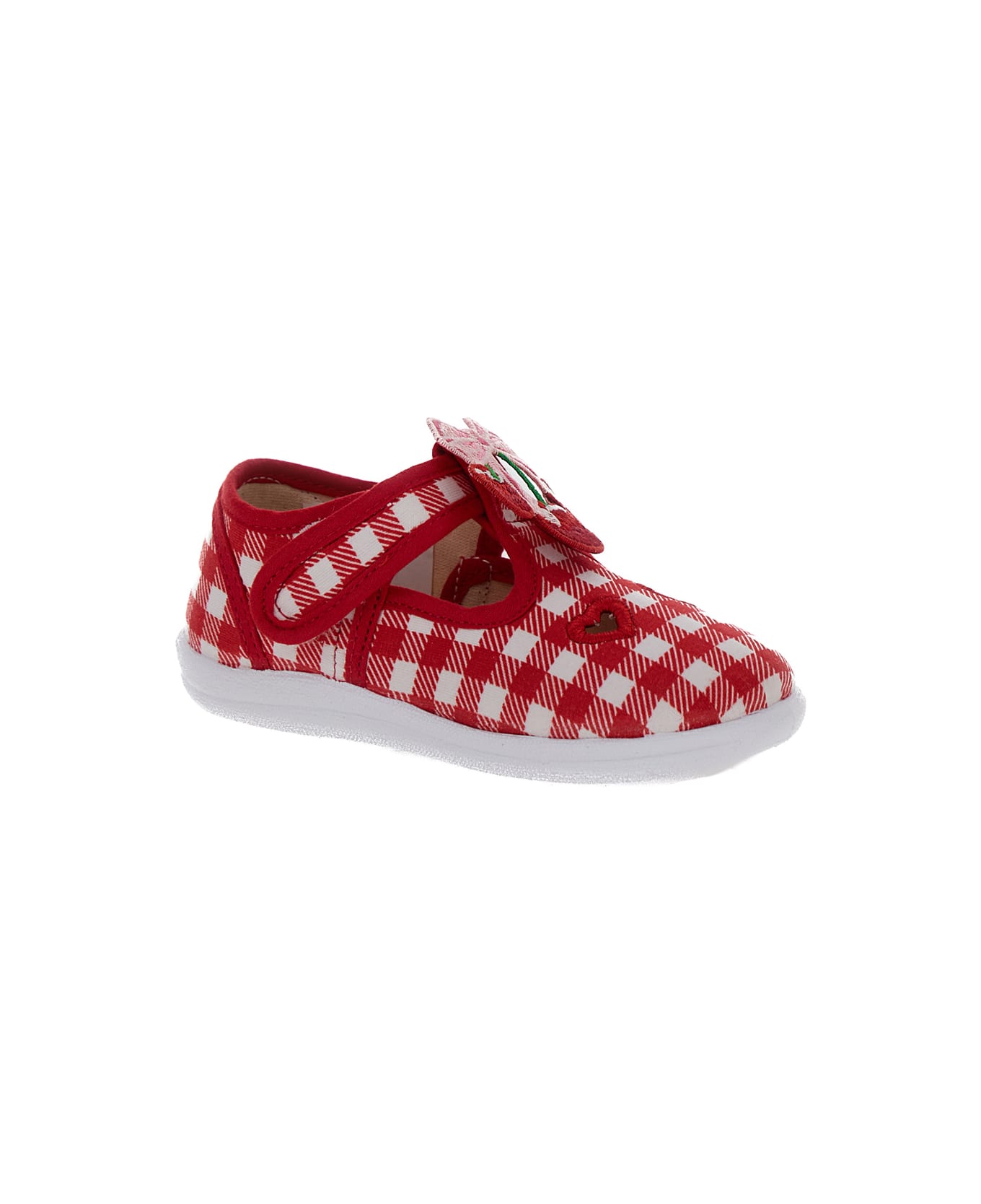 Monnalisa Red And White Shoes With Check Motif And Heart Cut-out In Stretch Cotton Girl - Red シューズ