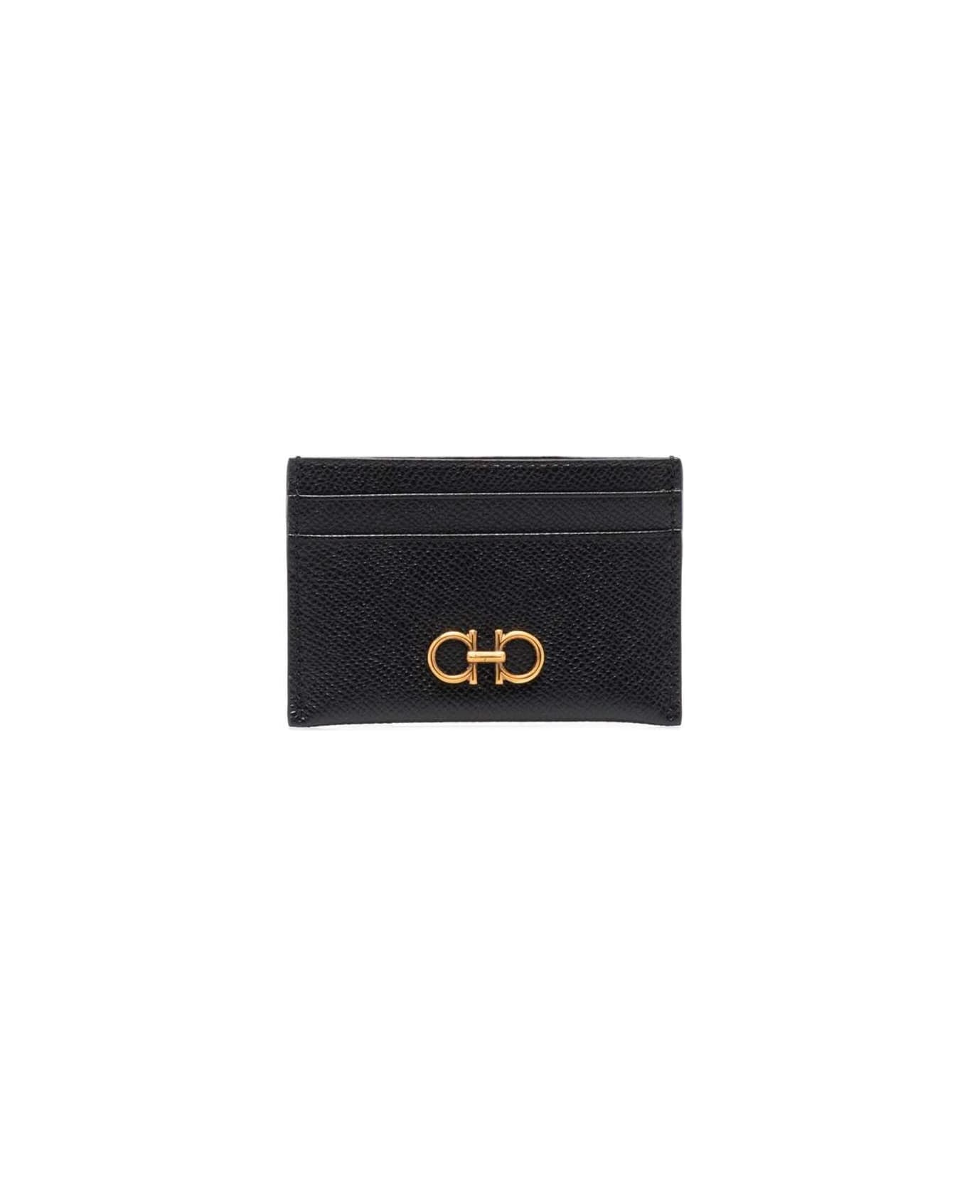 Ferragamo Black Card-holder With Gancini Detail In Hammered Leather Woman - BLACK