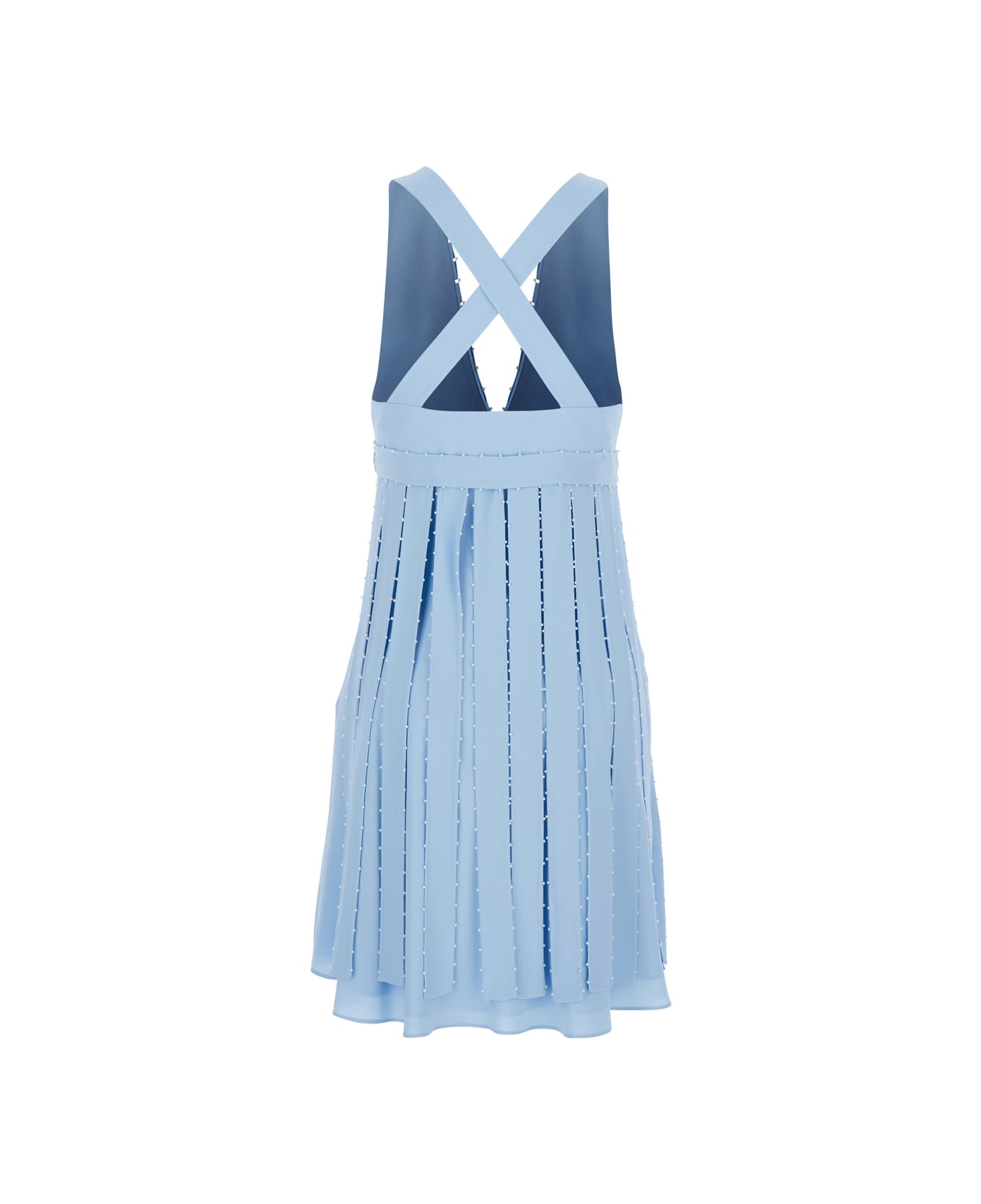 Giovanni Bedin Light Blue Sleeveless Midi Dress With V Neck And Pearl Embellishments In Silk Blend Woman - Light blue