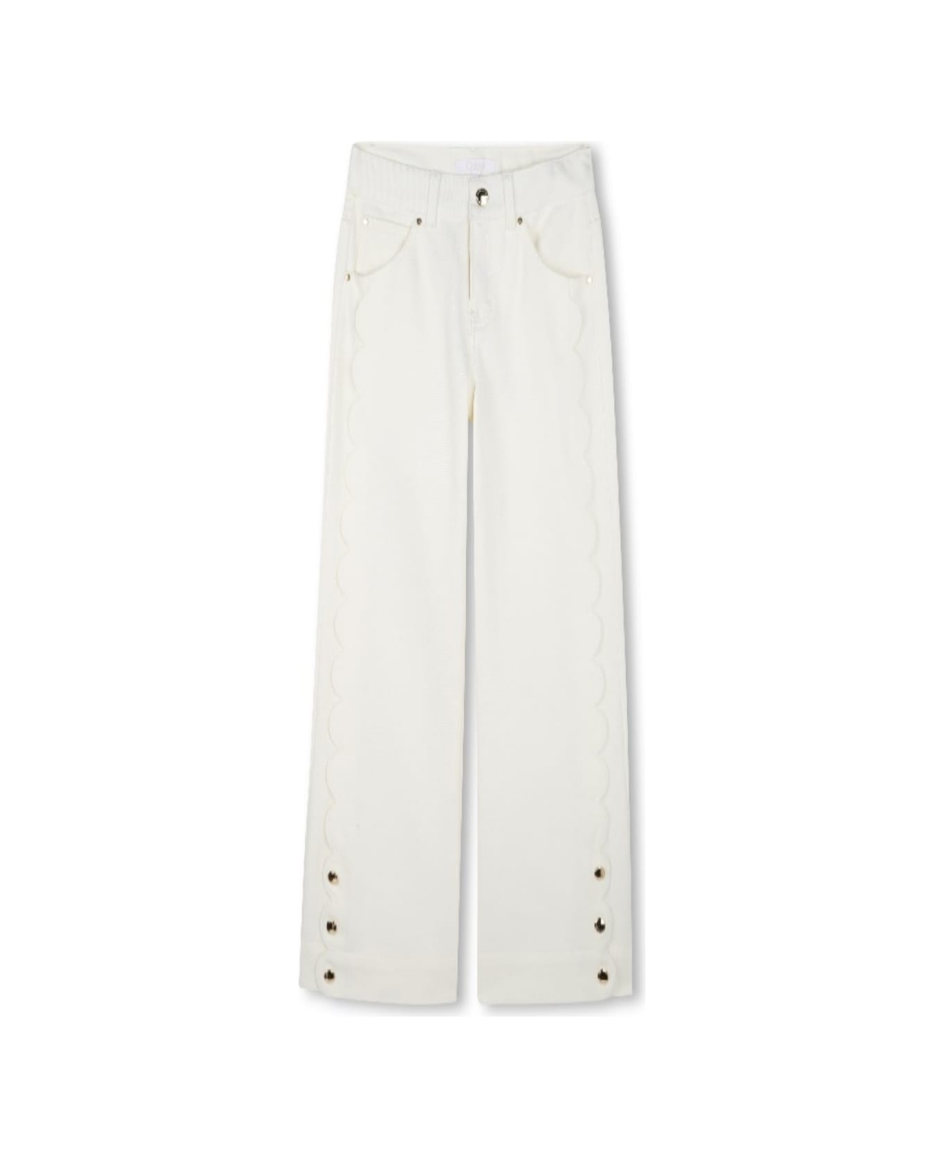 Chloé White Pants With Logo Patch On The Back And Scalloped Hem In Cotton Girl - White