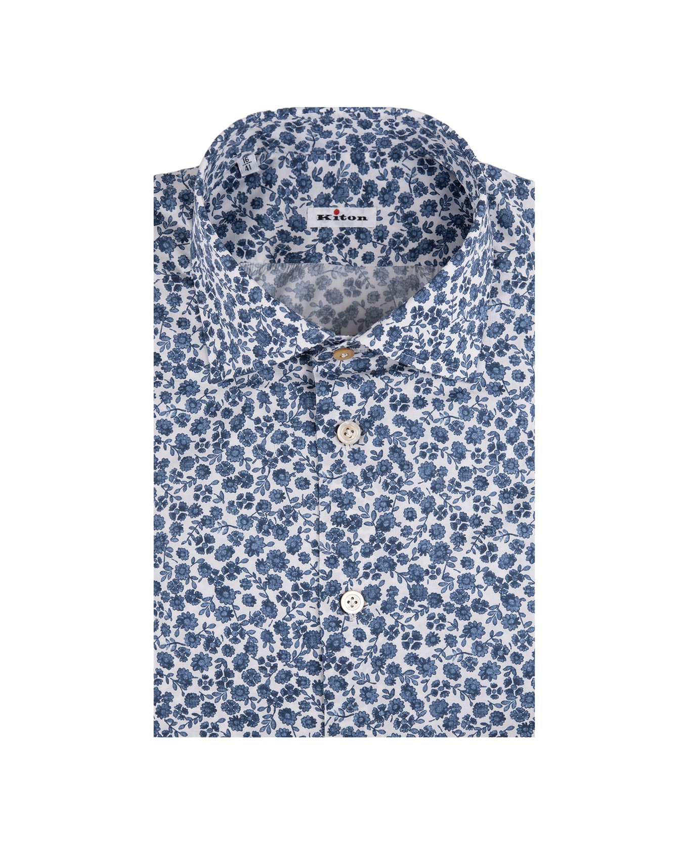 Kiton White Cotton Shirt With Blue Flowers - Blu