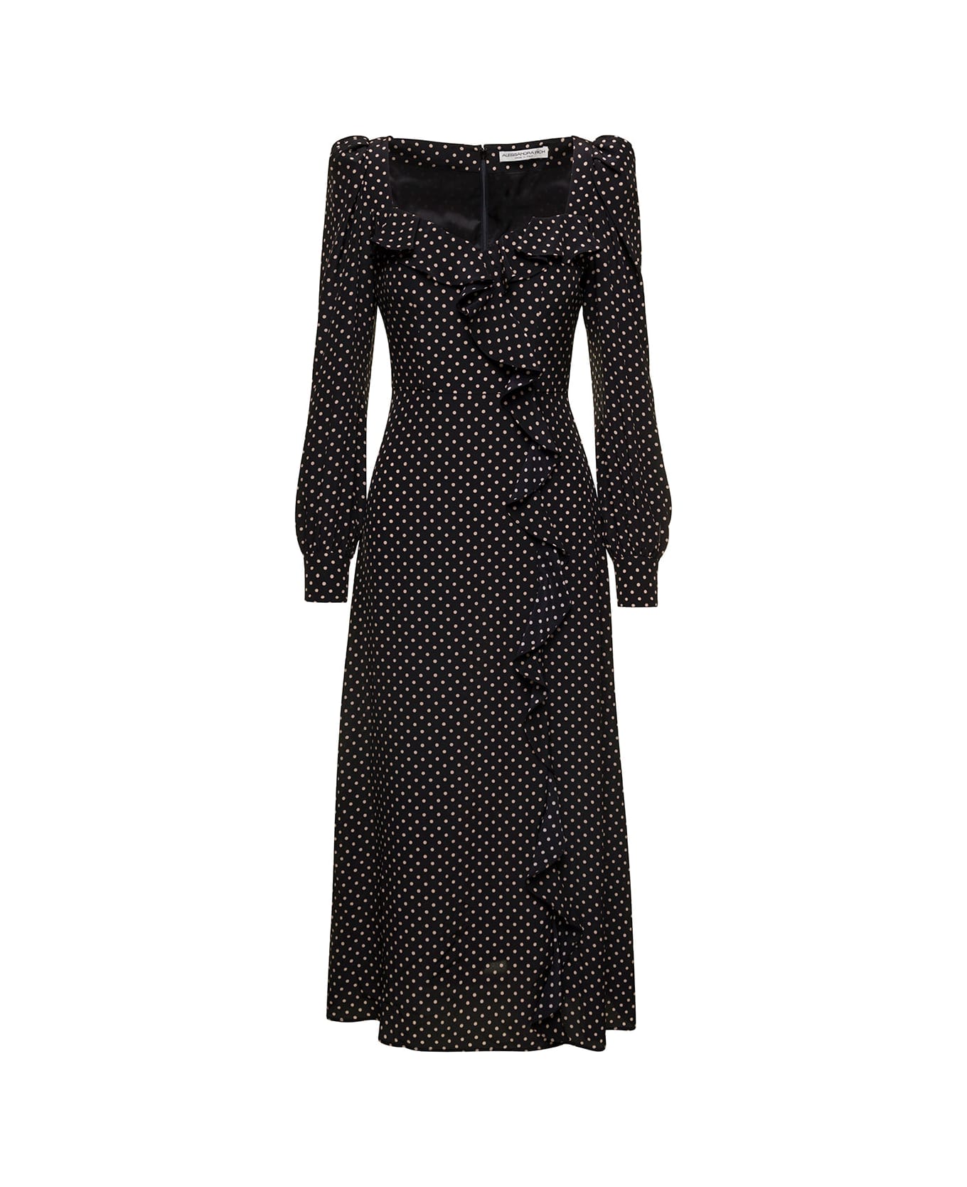 Alessandra Rich Polka Dot Midi Black Dress With Volant In Silk Woman - Black