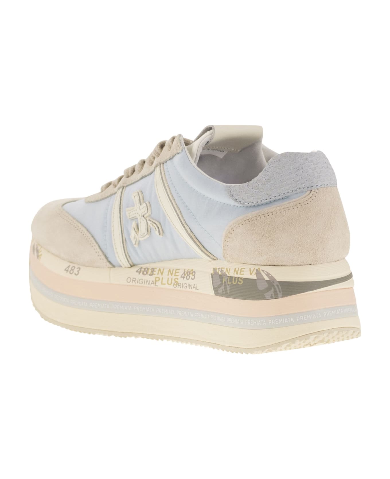 Premiata Beth Sneakers In Beige Suede And Fabric - White/light Blue スニーカー
