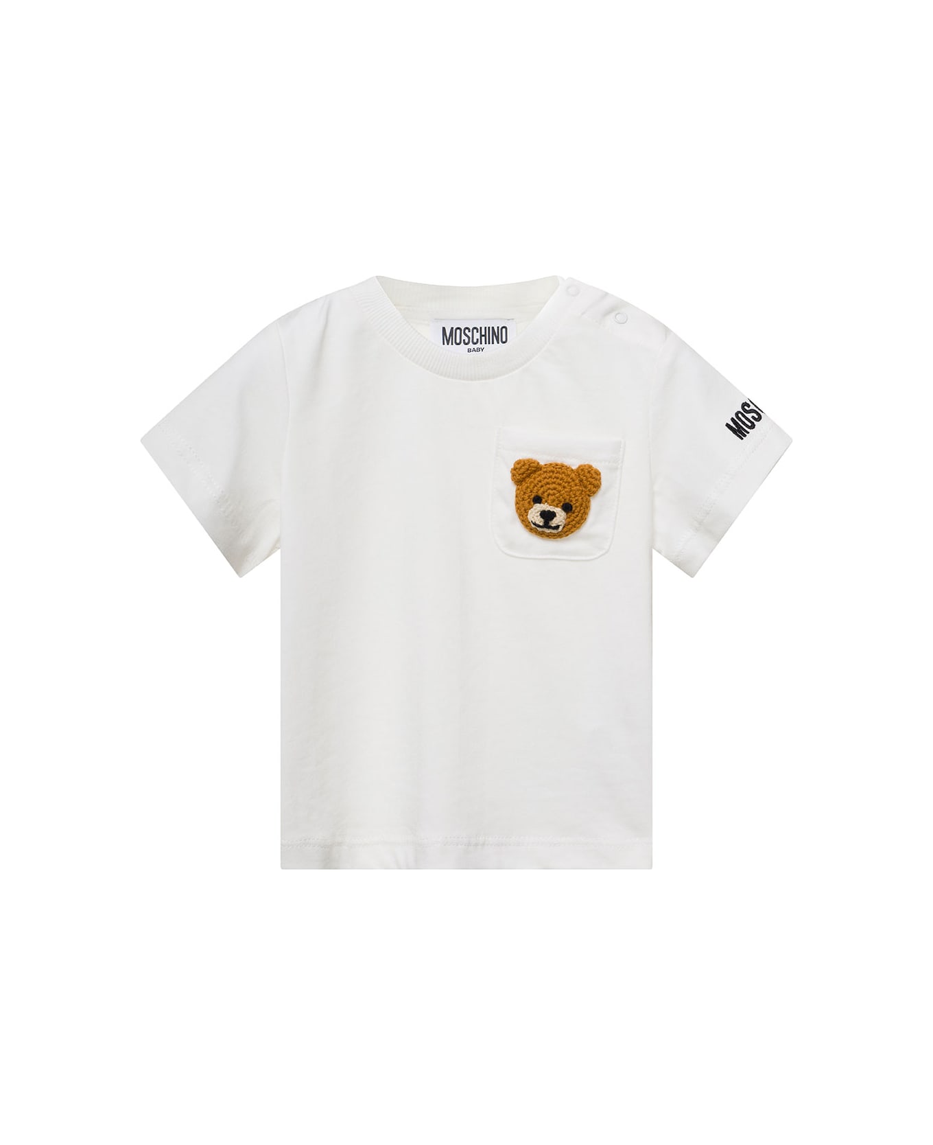 Moschino White T-shirt With Teddy Bear Embroidery On Chest Pocket In Cotton Baby - White