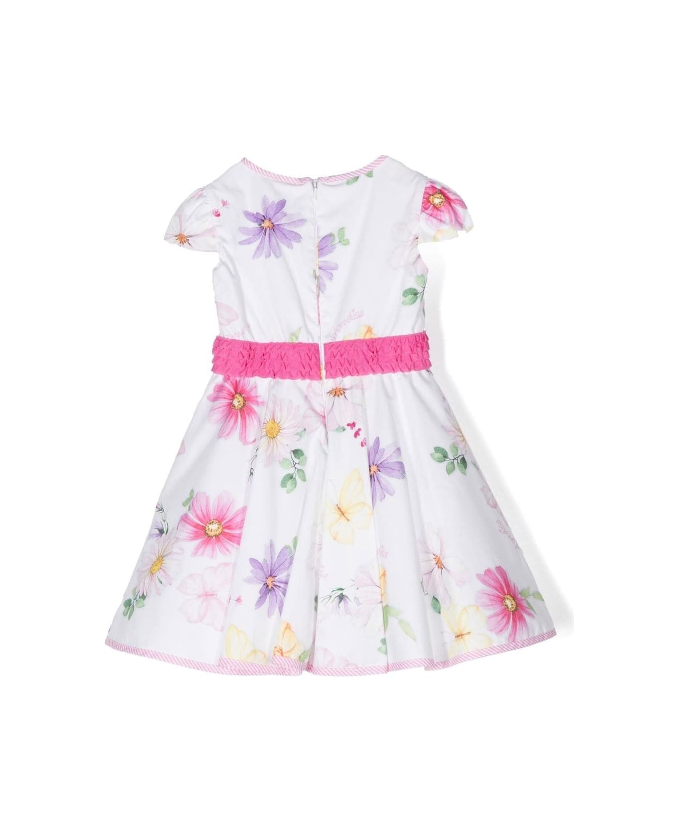 Monnalisa White Short Sleeves Dress With All-over Floreal Print In Cotton Girl - MULTICOLOR