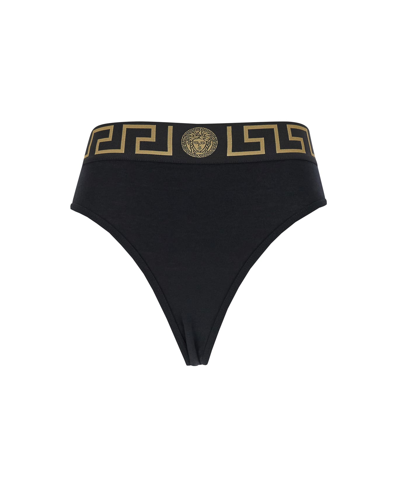 Versace Slip A Vita Alta Con Dettaglio Greca E Medusa In Cotone Stretch Nero Donna - Black