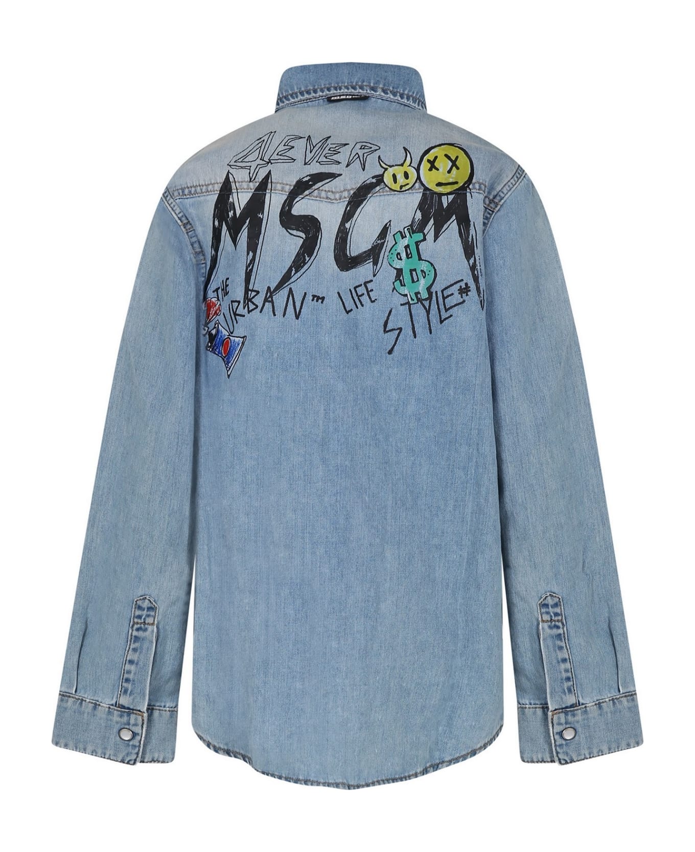 MSGM Blue Shirt For Boy With Graffiti Print - Denim シャツ