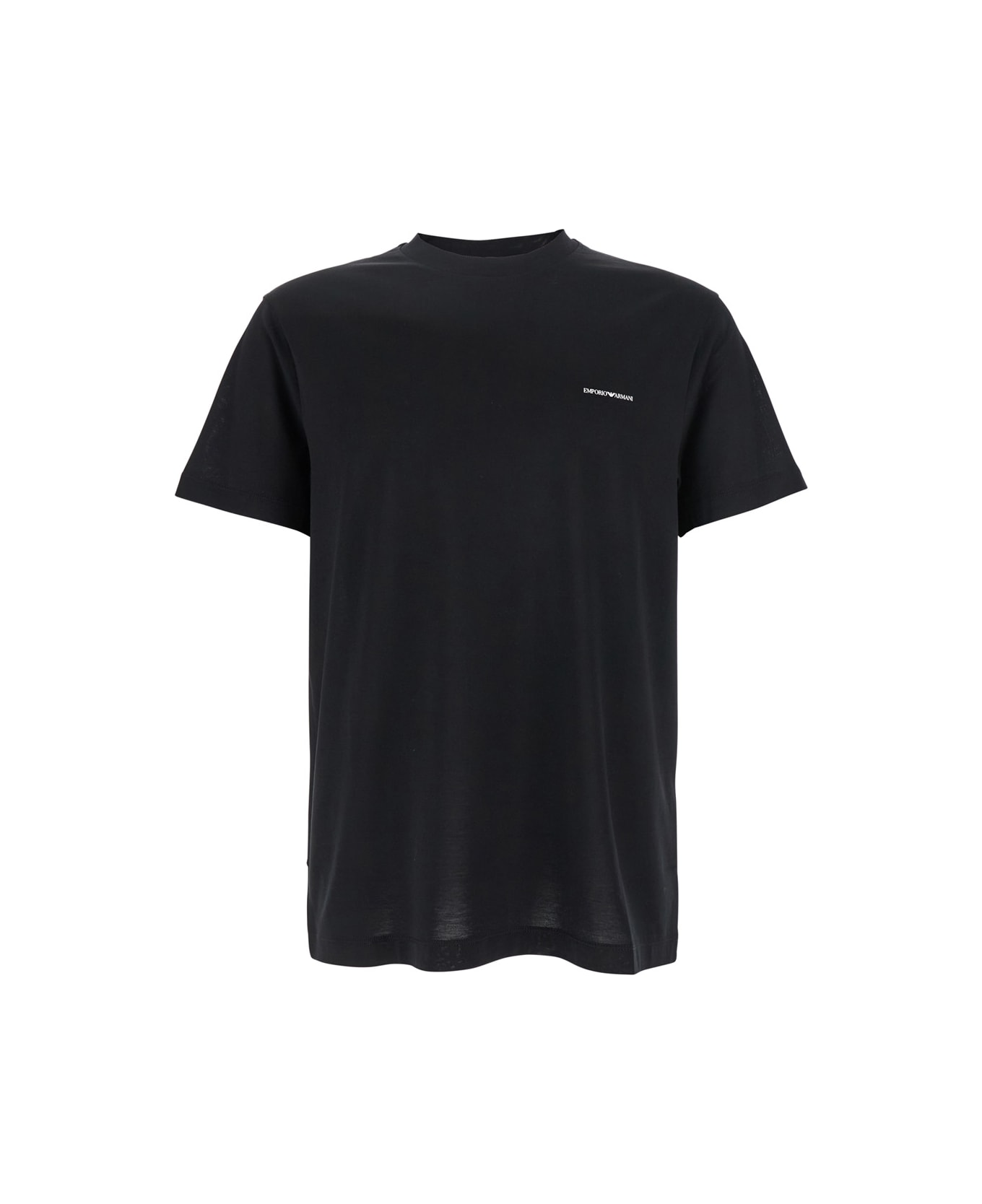 Emporio Armani Black T-shirt With Logo Lettering On The Front In Cotton And Lyocell Blend Man - BLACK