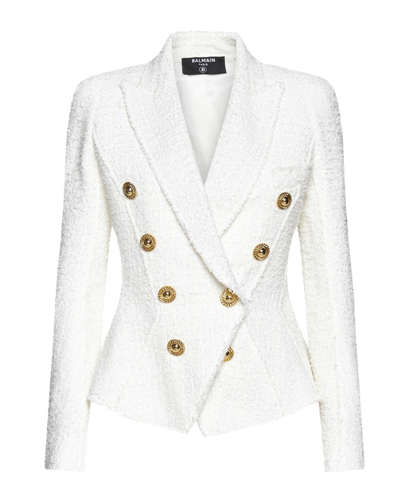 Balmain Double-breasted Tweed Blazer With Logo Buttons - Blanc