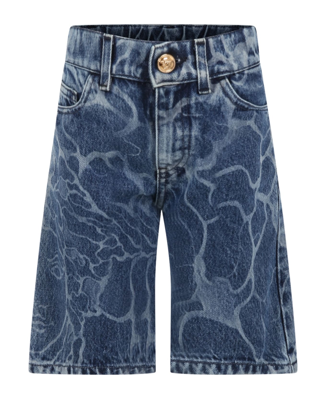 Versace Blue Jeans Bermuda Shorts For Boy With Print Medusa - Denim ボトムス