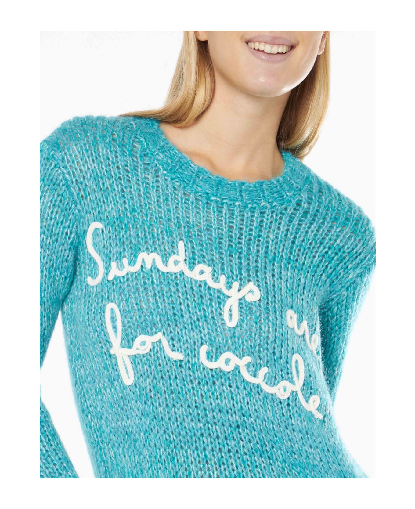 MC2 Saint Barth Woman Crewneck Soft Crop Sweater With Sundays Are For Coccole Embroidery - SKY ニットウェア