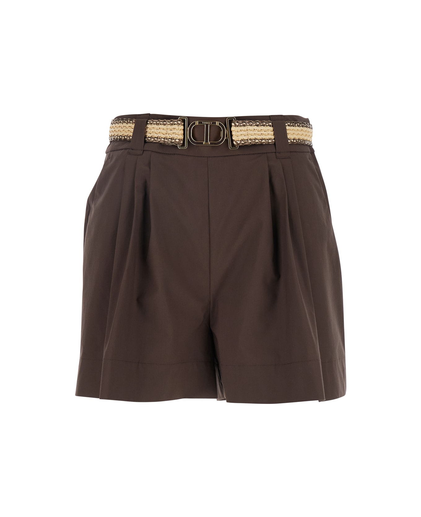 TwinSet Brown Shorts With Waist Belt And Metallic Logo