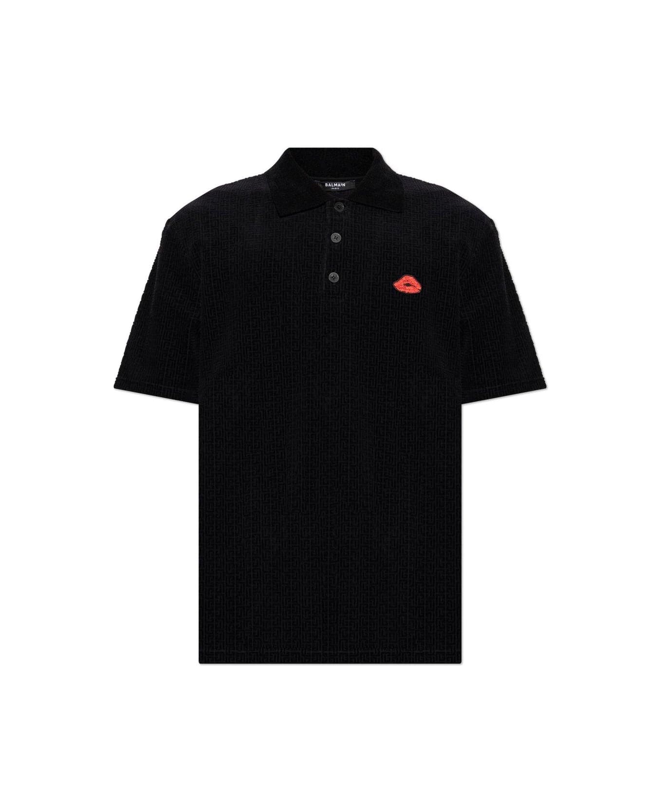 Balmain Lip Motif Collared Polo Shirt - NOIR