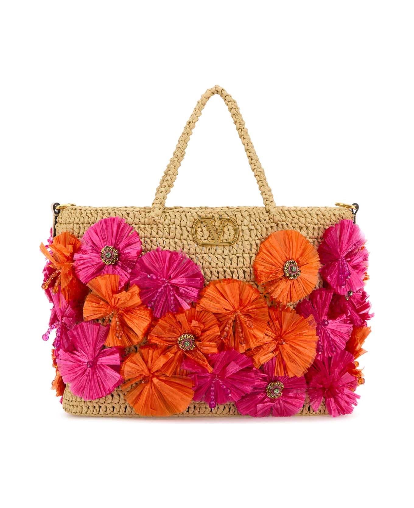 Embellished Raffia Vlogo Signature Shopping Bag - Thumbnail 2