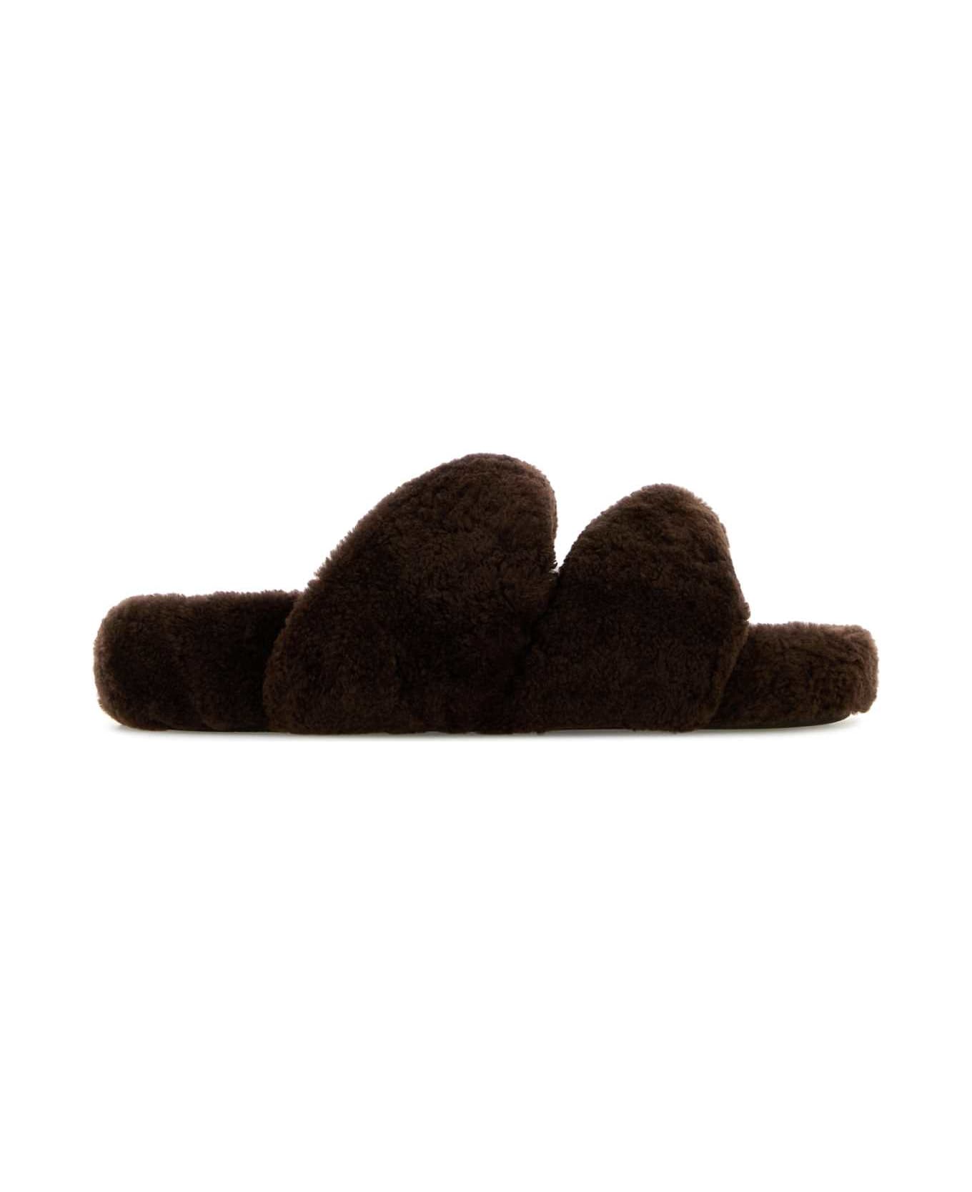 Aquazzura Brown Shearling Twist Slippers - ESPRESSO
