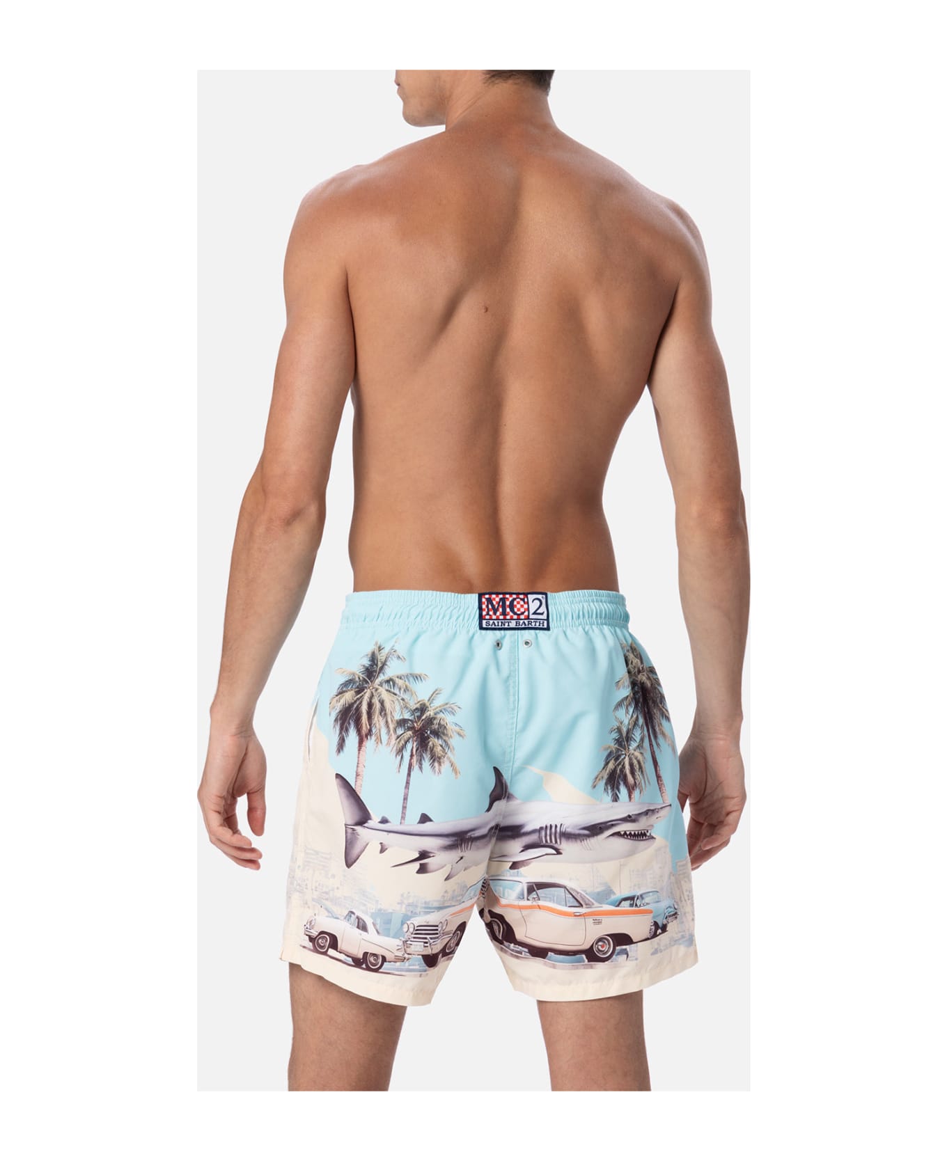 MC2 Saint Barth Man Mid-length Gustavia Swim-shorts With Car And Shark Placed Print | Ai Co-created Design By Rickdick - Powered By Red - GREEN