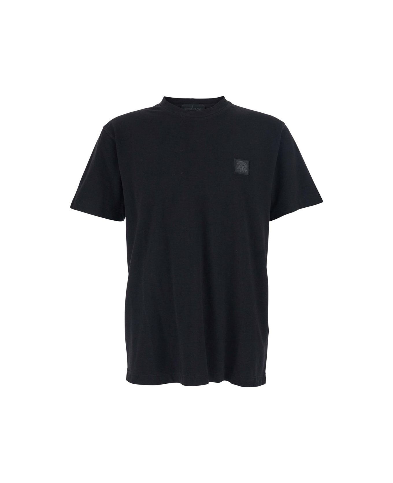 Stone Island Black Crewneck T-shirt With Logo Patch On The Front In Cotton Man - Black