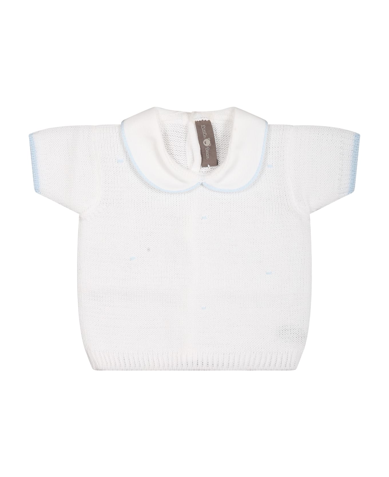 Little Bear White Sweater For Baby Boy With Light Blue Polka Dots - White