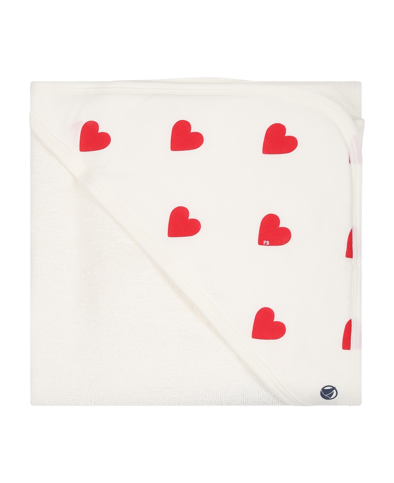 Petit Bateau White Bathrobe For Baby Girl With Red Hearts - White